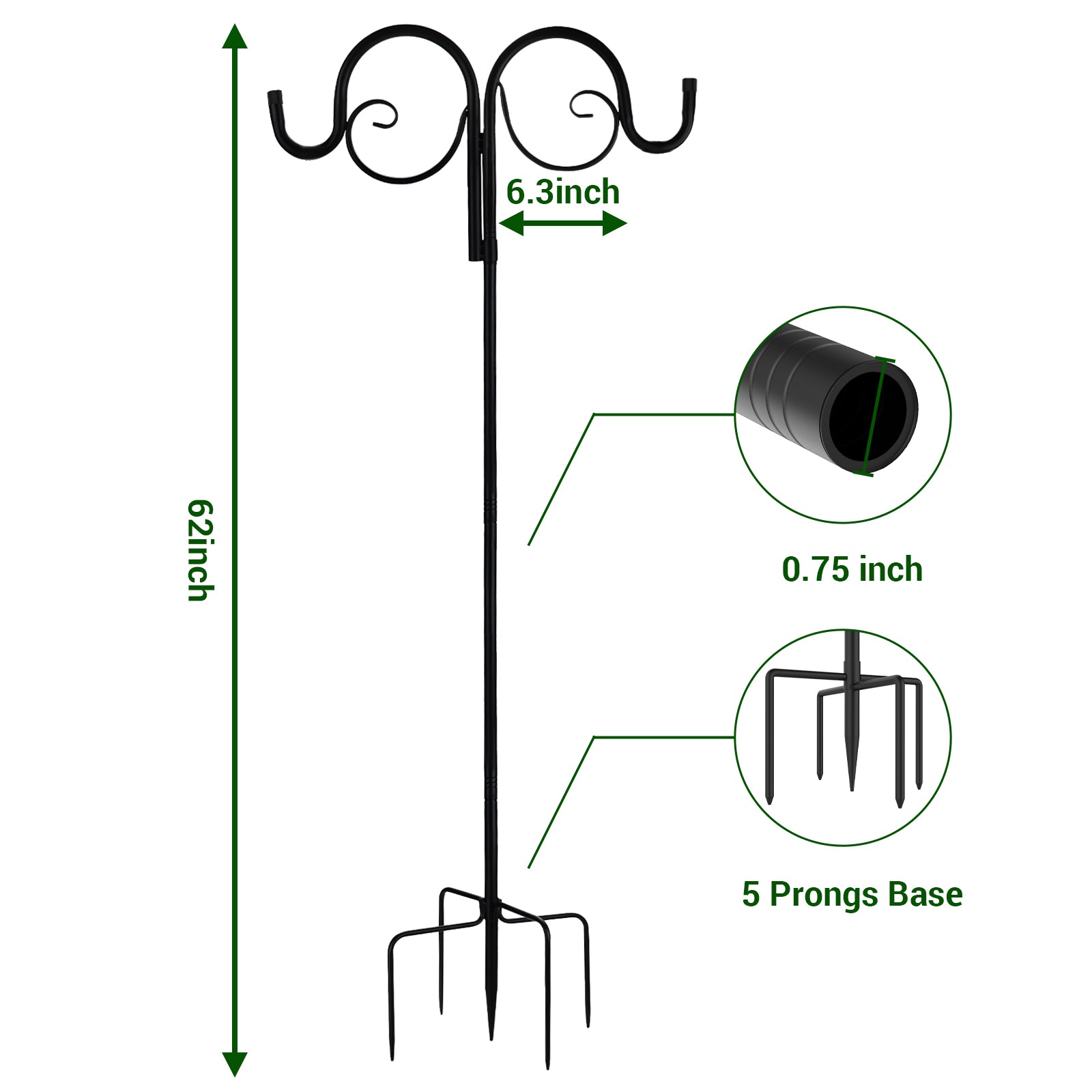 Double-Headed Shepherd's Hook with 5-Prong Base, Adjustable Height 45-92 inch