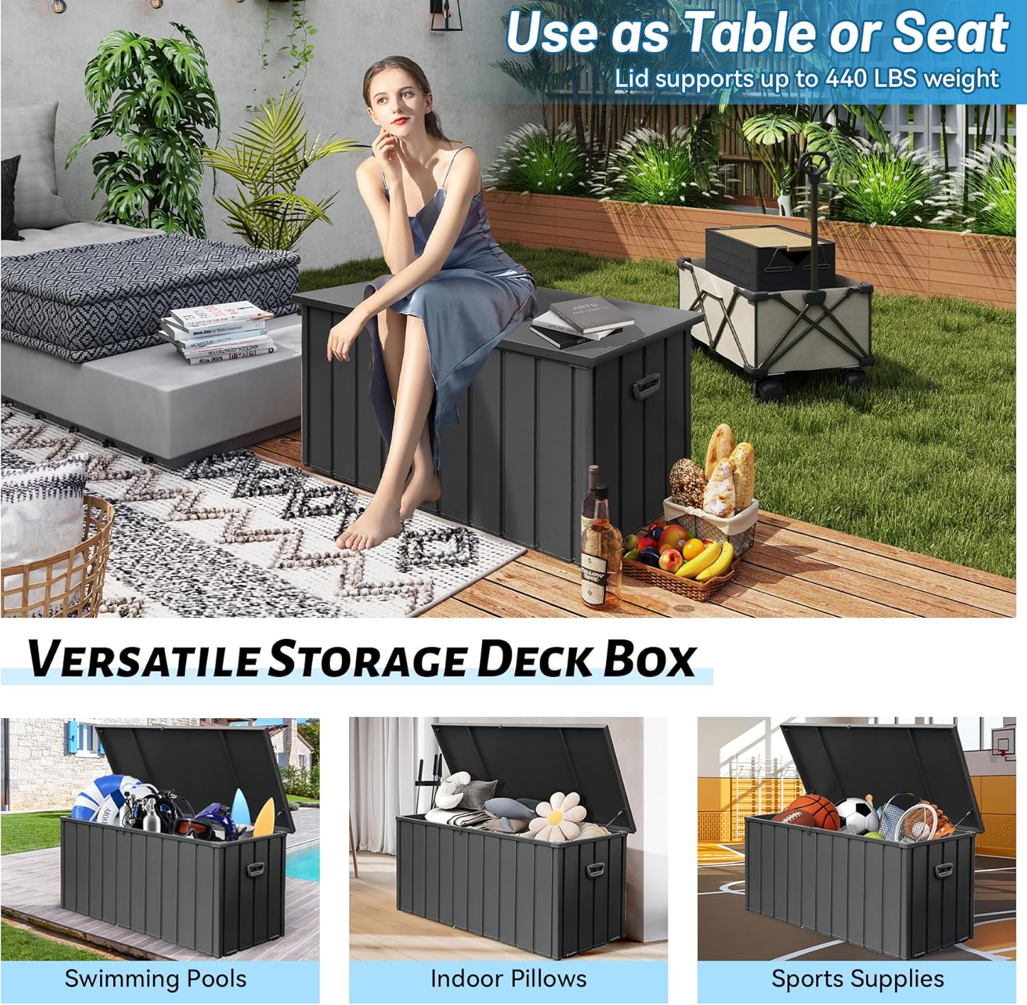 190 Gallon Metal Outdoor Deck Box – Waterproof Steel Storage Bench, Lockable Package Delivery, Dark Gray