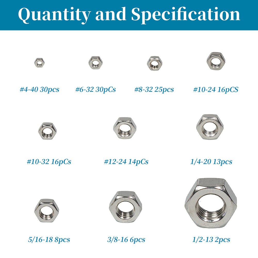 4 6 8 10 12 1/4 5/16 3/8 1/2 160Pcs 304 Stainless Steel Hex Nuts Assortment Set - HomeDIYer