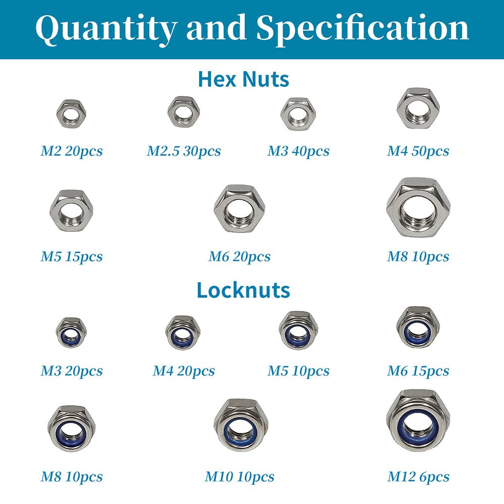 M2 To M12 276 Pcs 304 Stainless Steel Metric Hex Nuts & Locknuts Assortment Set - HomeDIYer