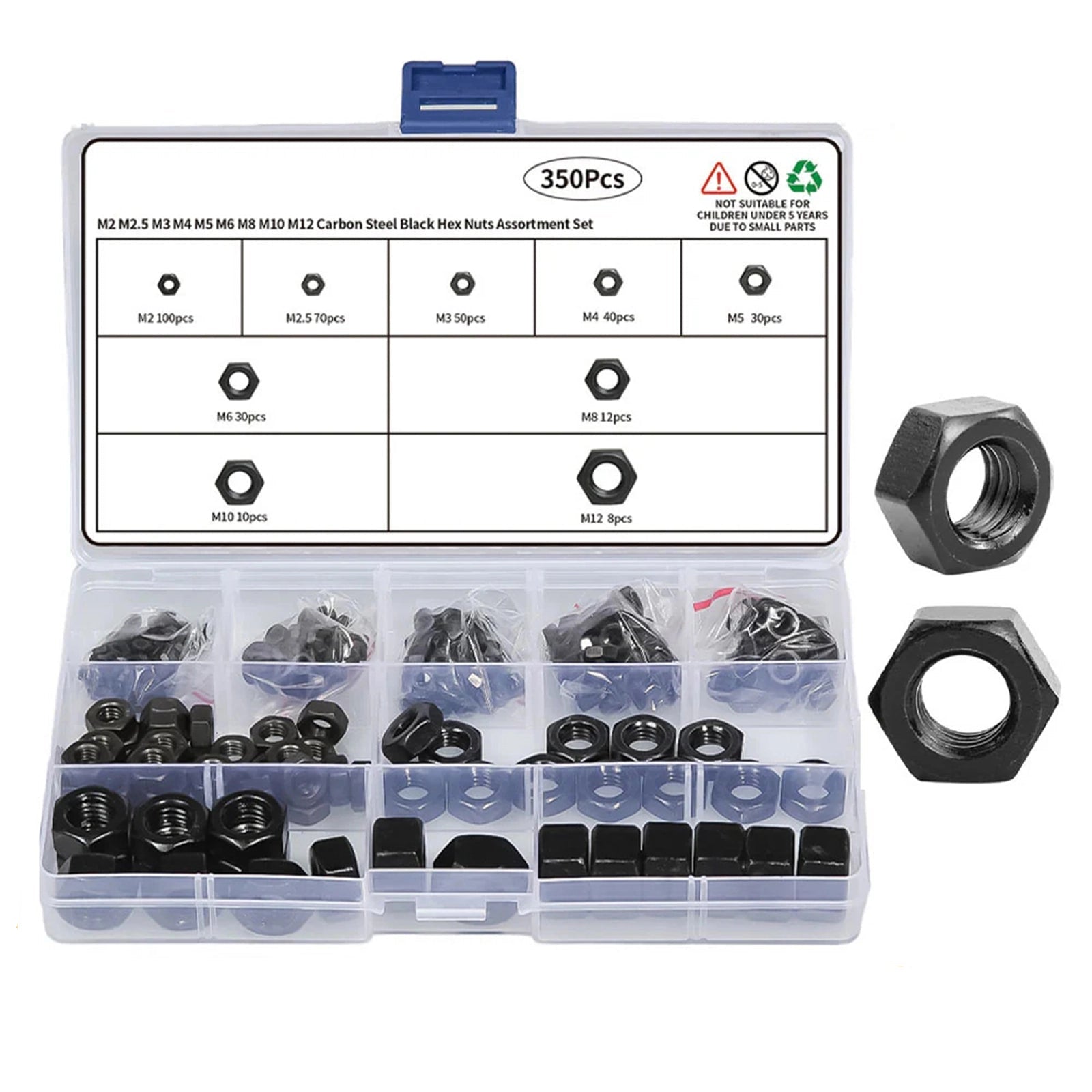 350 Pcs Metric Carbon Steel Black Hex Nuts Assortment Set M2 M2.5 M3 M4 M5 - M12 - HomeDIYer