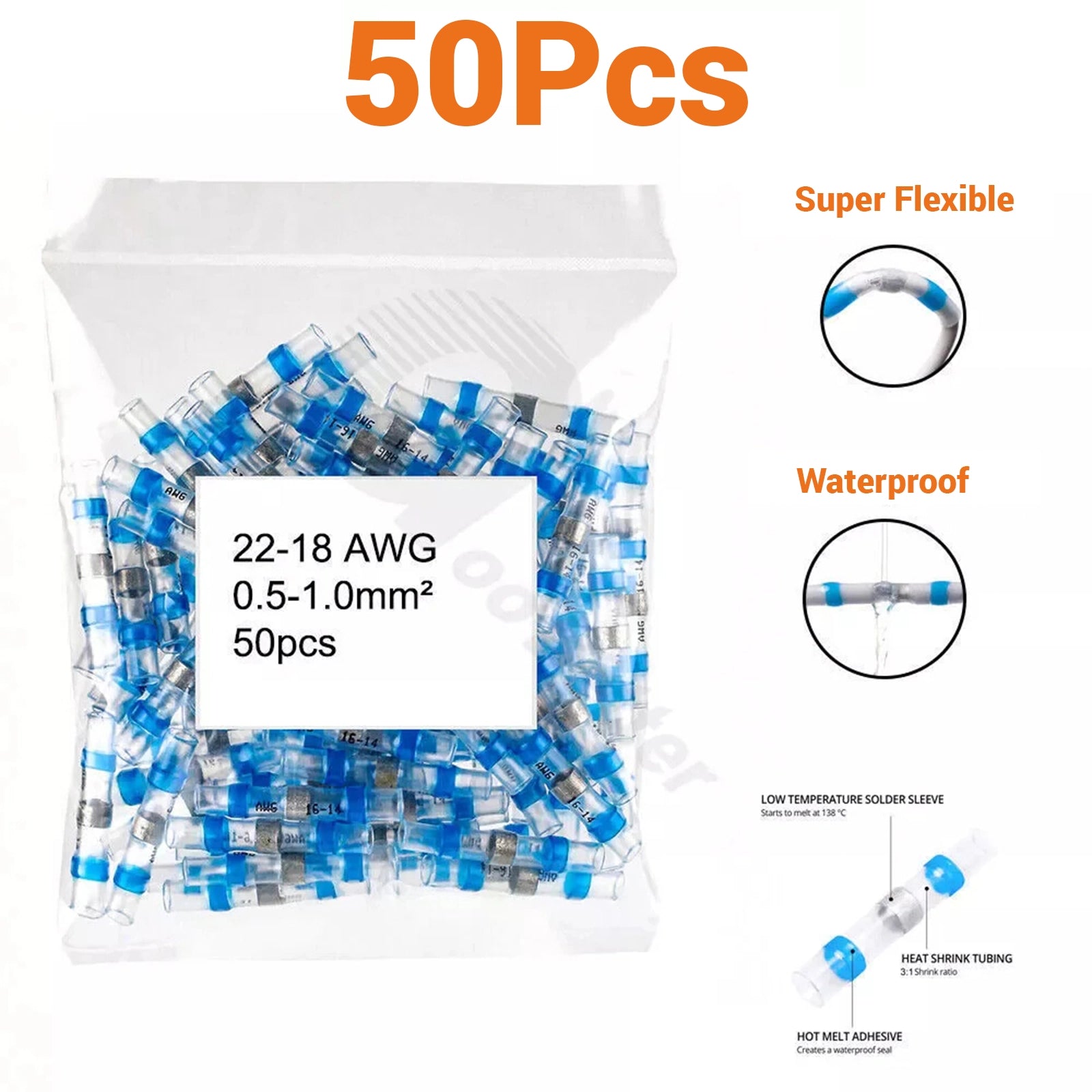 50x Blue Waterproof Heat Shrink Butt Terminals Solder Seal Wire Connector Bagged - HomeDIYer