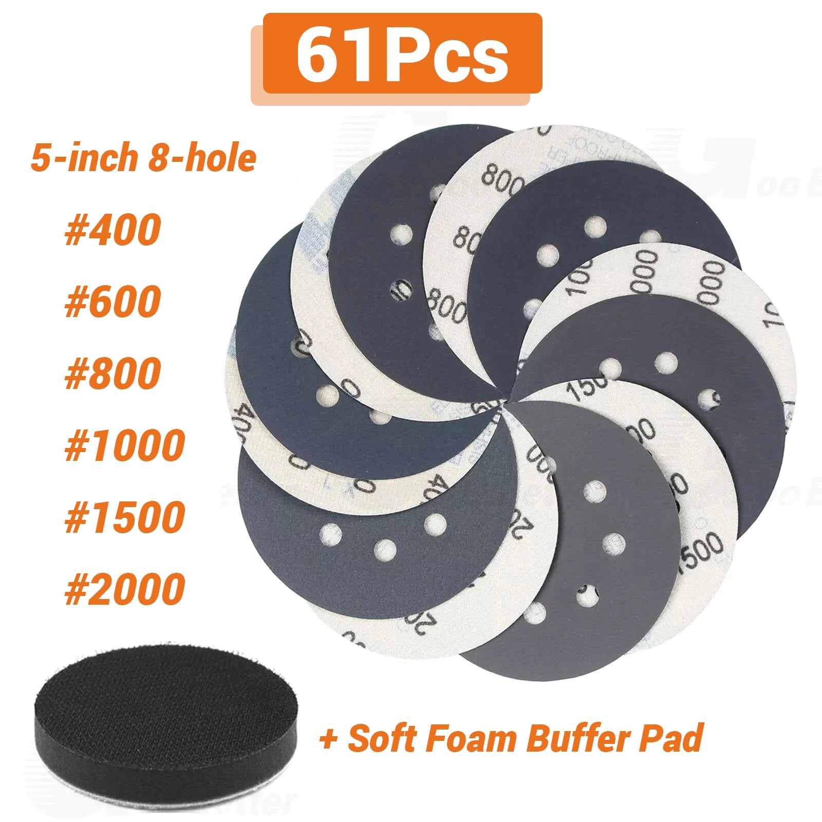 5 Inch 400 - 2000 Grit Sanding Discs Hook Loop Orbital Sander Paper,Interface Pad - HomeDIYer
