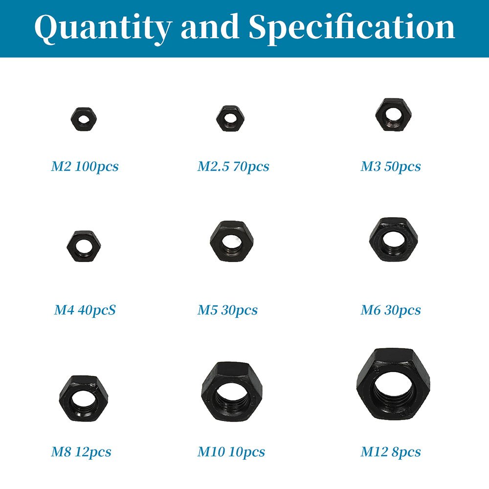 350 Pcs Metric Carbon Steel Black Hex Nuts Assortment Set M2 M2.5 M3 M4 M5 - M12 - HomeDIYer