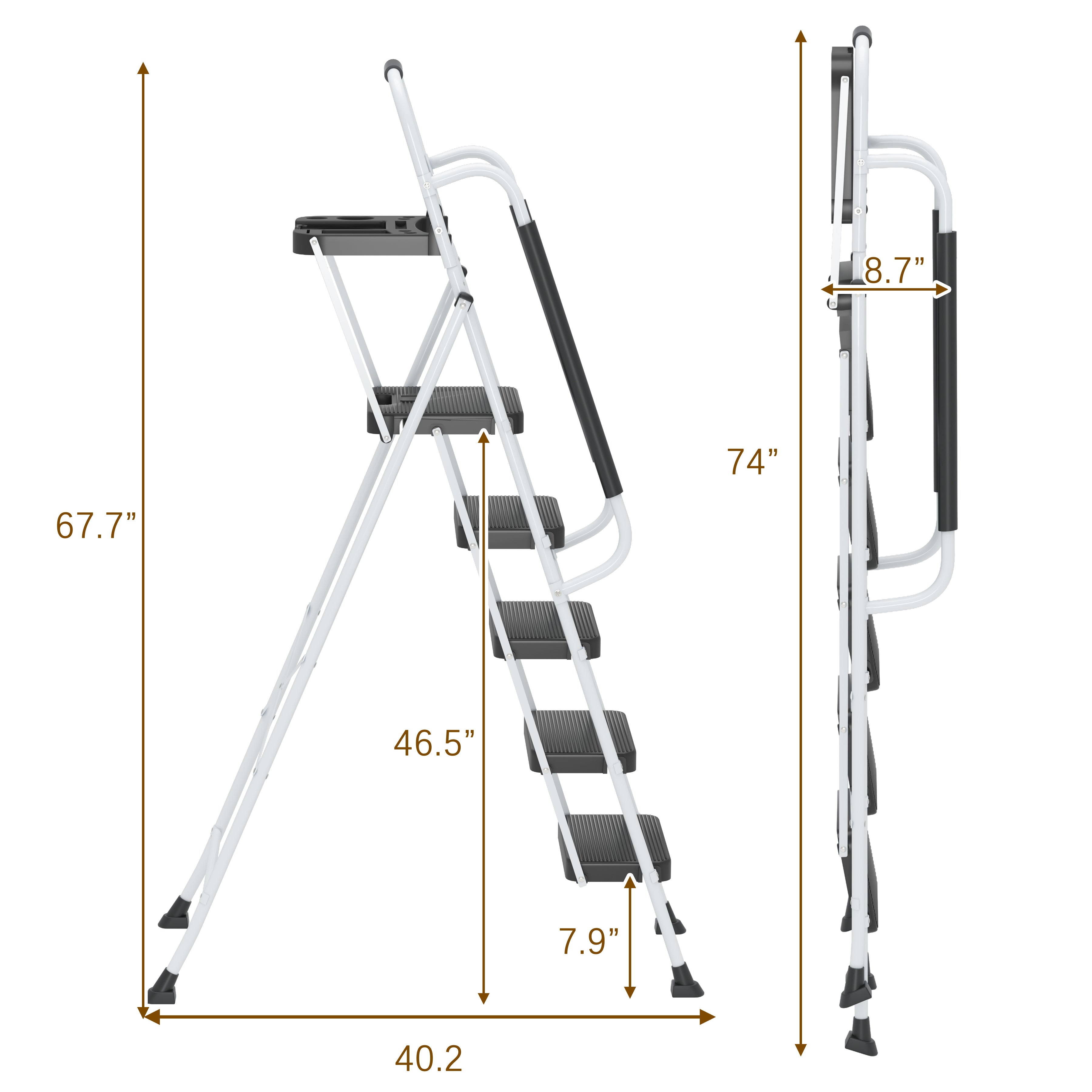 5‑Step Folding Step Stool with Handrails & Tool Tray — 330 lb Capacity, White & Black Steel, Non‑Slip Pedals
