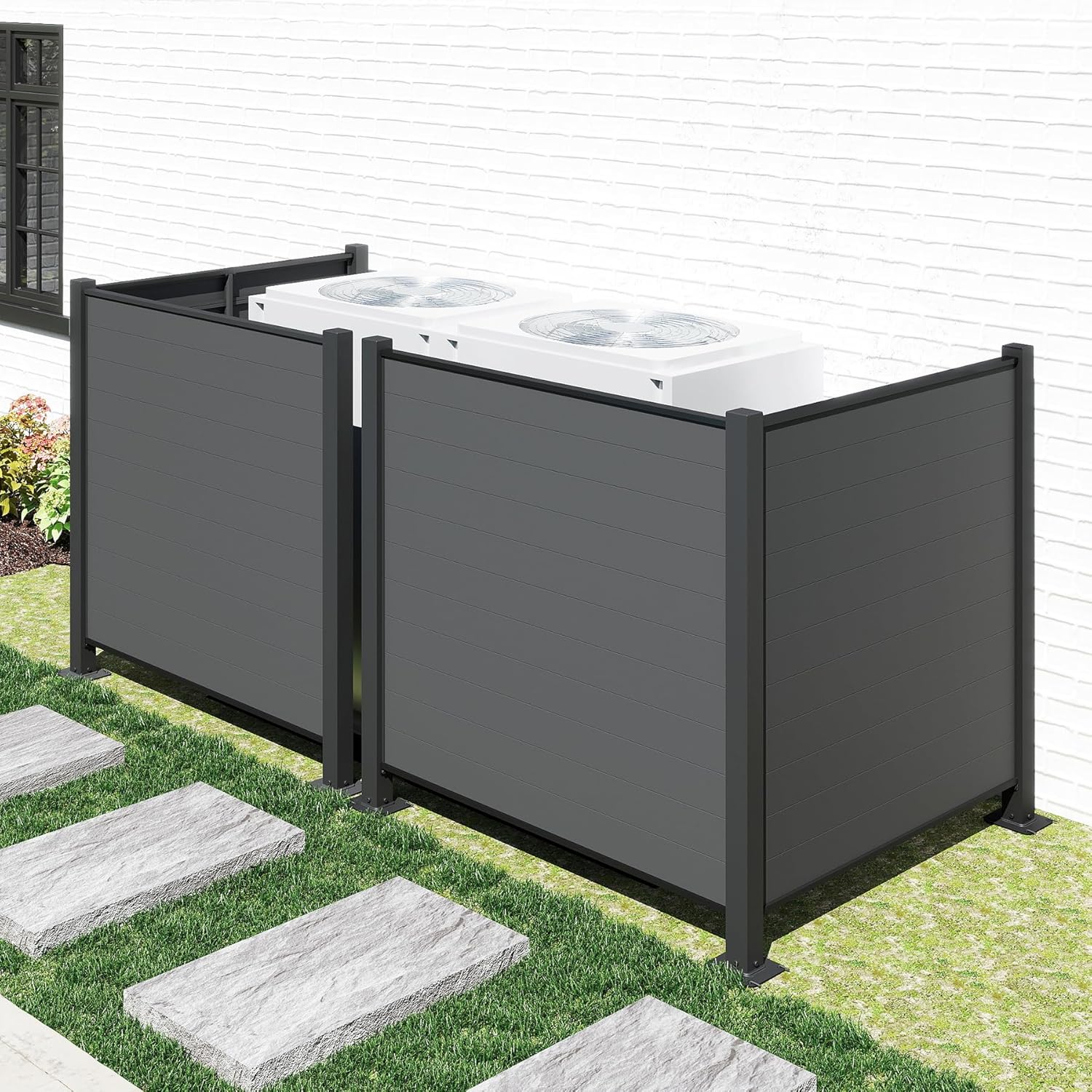 50 x 50 Inch Outdoor Metal Privacy Screen 2 Panel Set — AC Fence, Trash Can Enclosure, Black