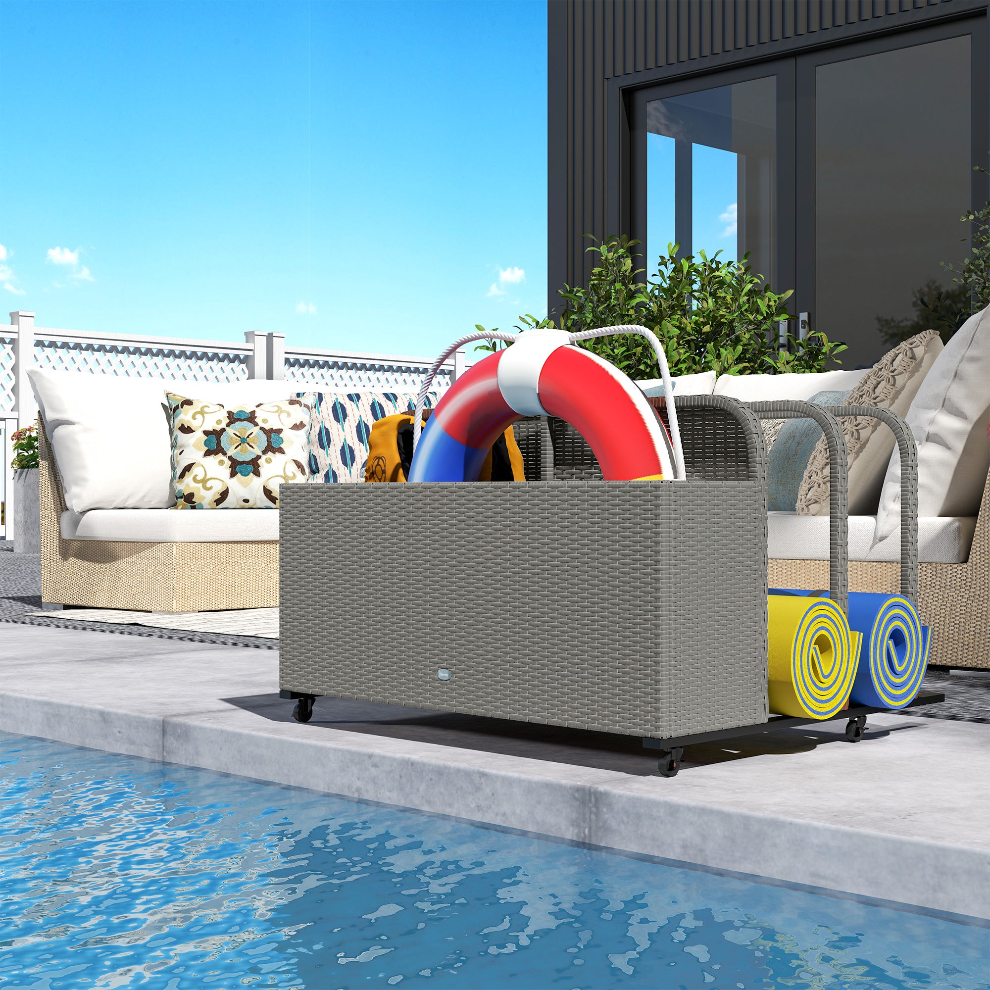 Outsunny Wicker Pool Float Storage Organizer, PE Rattan Outdoor Pool Float Holder with Rolling Wheels & Storage Rack, Mixed Gray