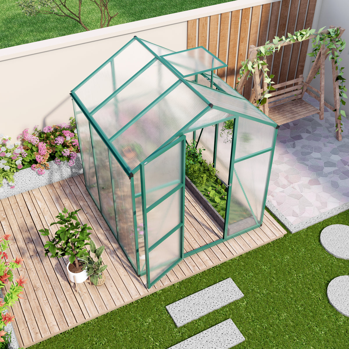 6ft x 6ft Heavy‑Duty Aluminum Walk‑In Greenhouse — Wind‑Resistant Polycarbonate Panels with Raised Base & Drainage System Green