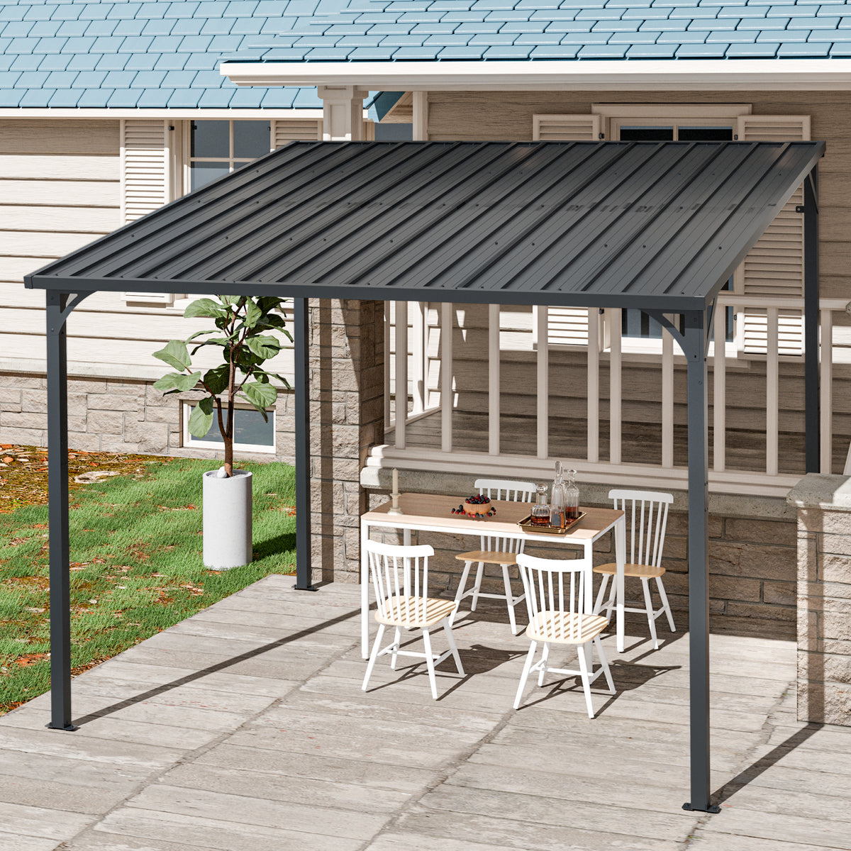Metal Pergola with Inclined Roof 8x10 ft, Wall-Mounted Galvanized Steel Patio Shelter