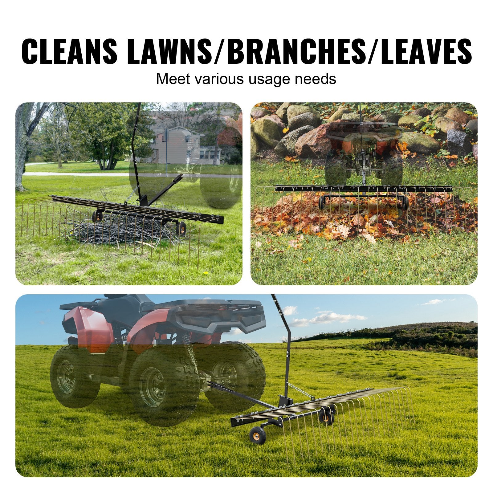 Tow Behind Dethatcher, 60-inch Tow Dethatcher with 24 Steel Tines, Lawn Dethatcher Rake for ATV or Mower, Tow Behind Lawn Rake with Lift Handle for Leaves, Pine Needles, and Grass