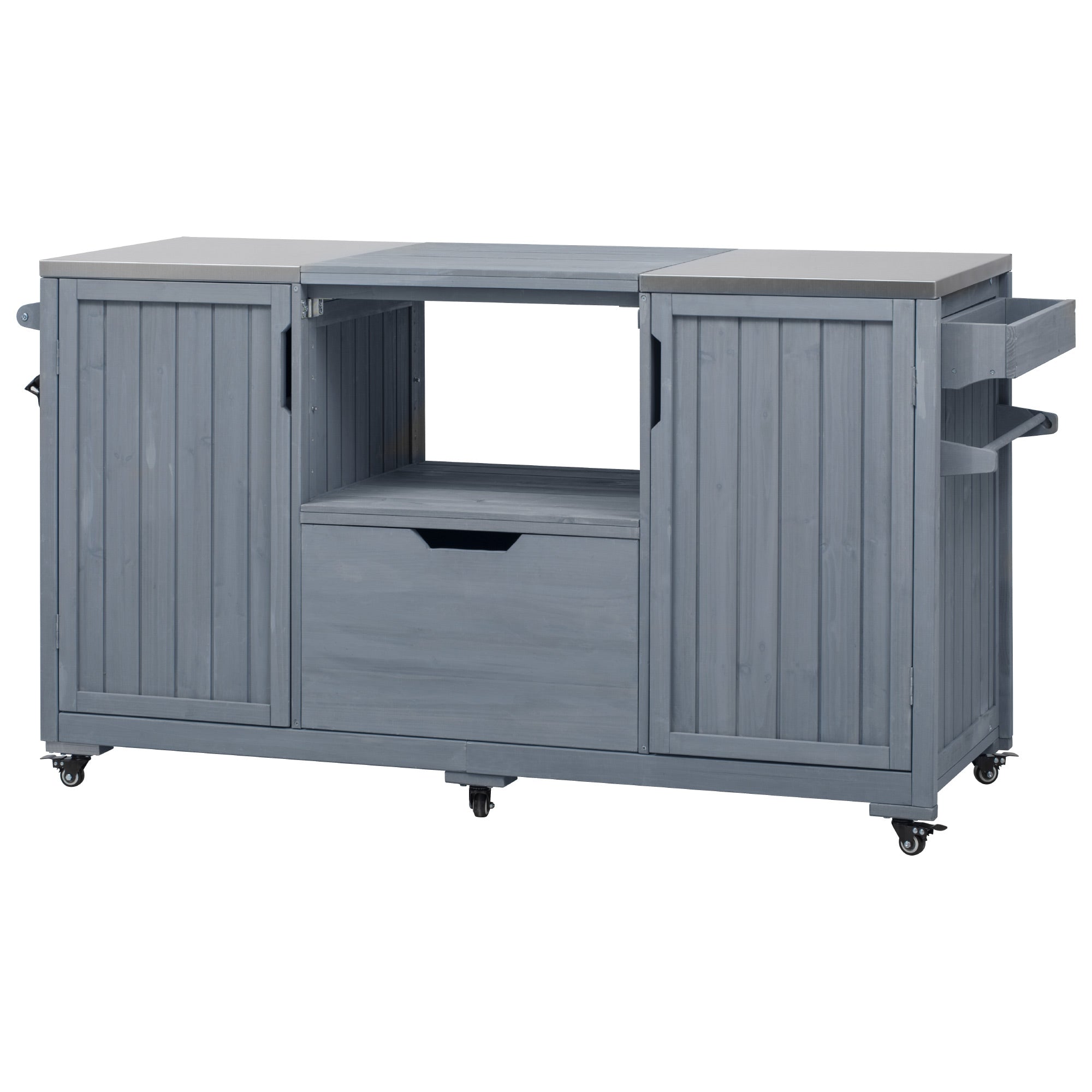 K&K 66.5" Outdoor Kitchen Island for Big Green Egg Grills, Solid Wood Outdoor Grill Cart for Tabletop Grill with Stainless Steel Top, Drawer, Compatible with Large Big Green Egg, Kamado Joe- Grey Blue