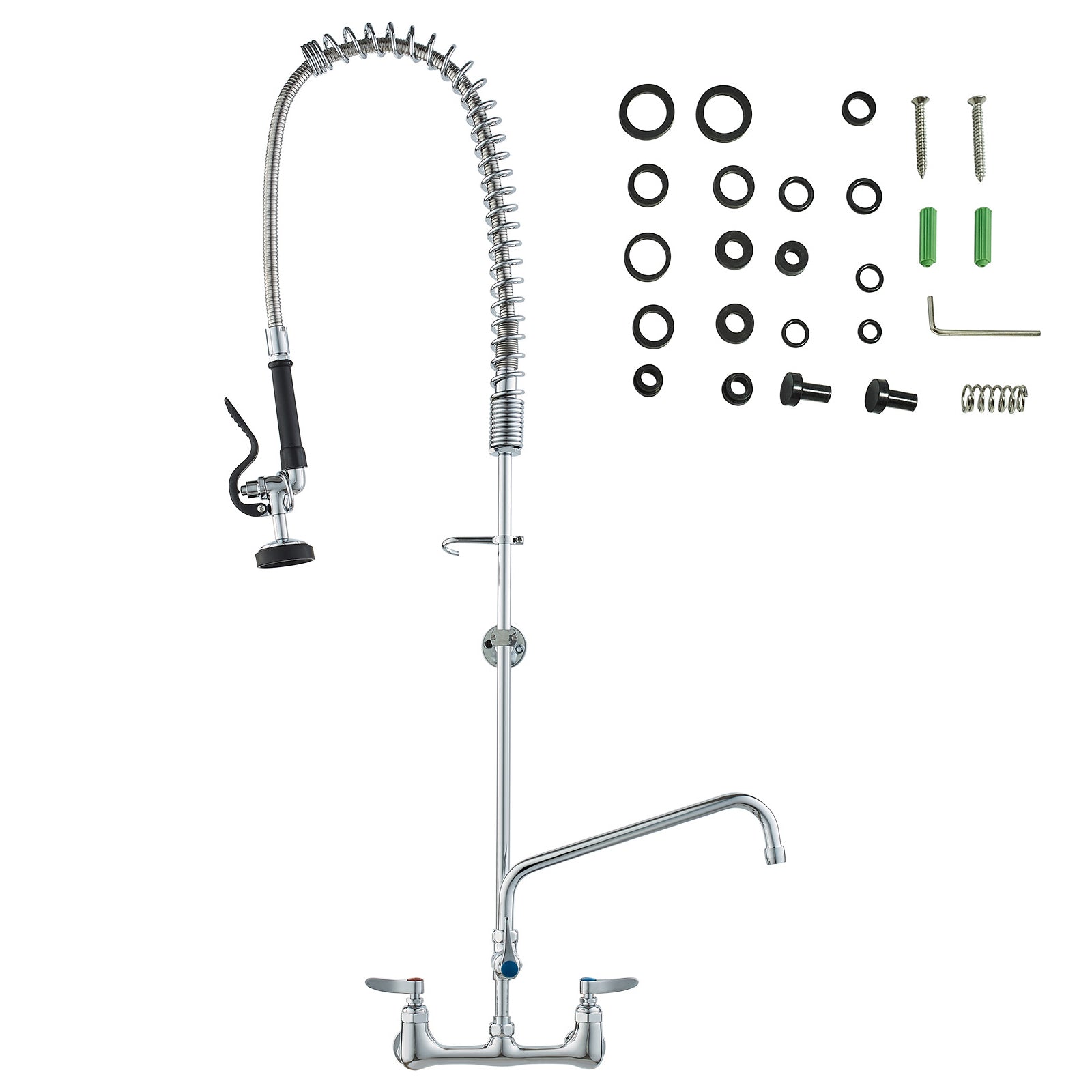Commercial Faucet with Pre-Rinse Sprayer, 47" Height, 8" Center, 12" Swing Spout, Wall Mount Kitchen Sink Faucet, Brass Constructed Device with Pull Down Spray, for 1/2/3 Compartment Sink