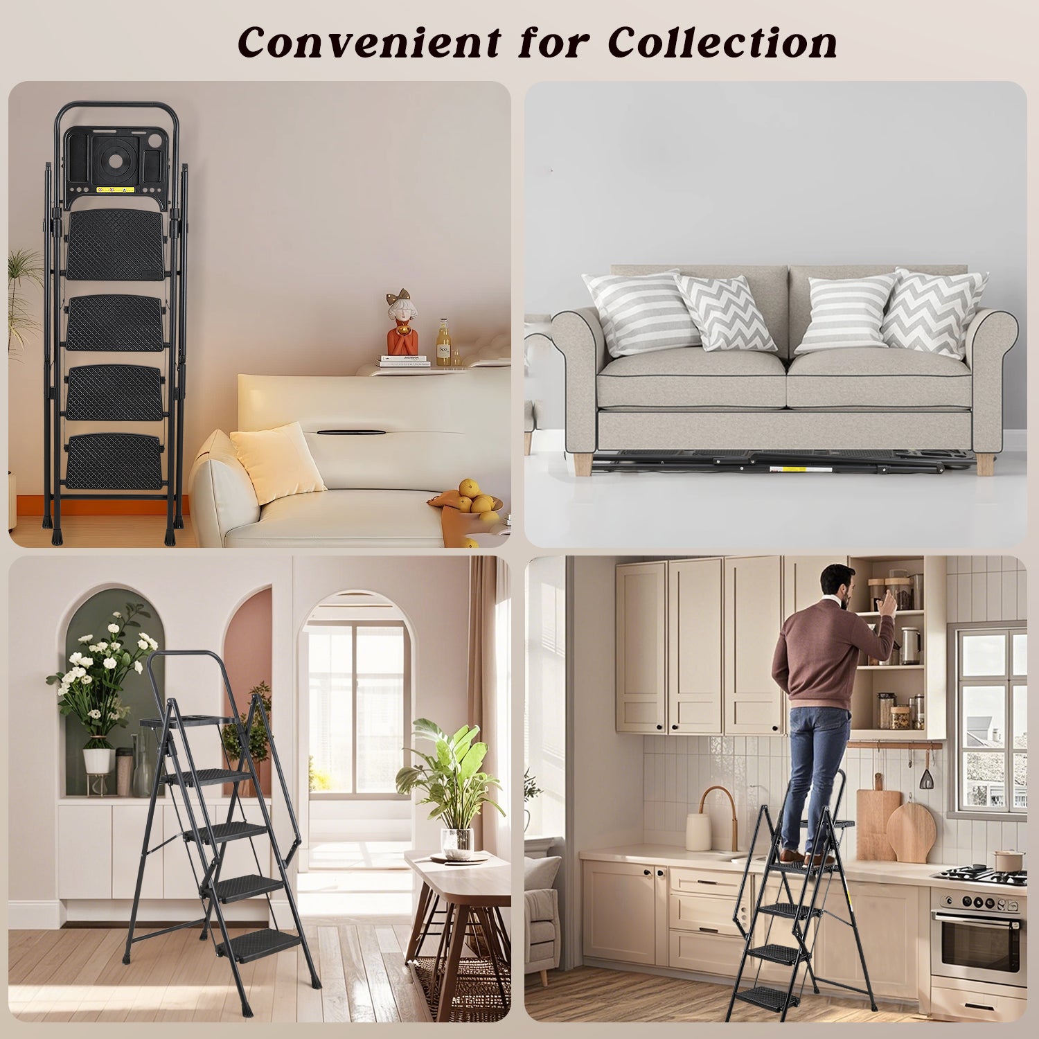 4‑Step Folding Ladder with Non‑Slip Pedals & Tool Tray — 330 lb Capacity, Black Steel, Ideal for Home & Office