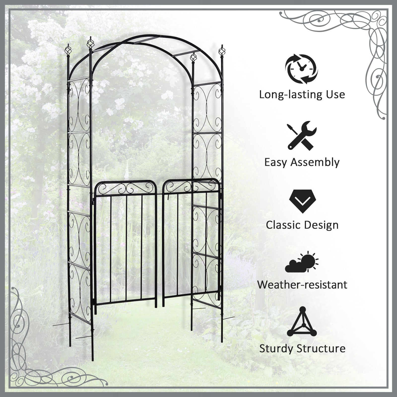Outsunny 84" Garden Arch Arbor with Gate, Metal Arch Trellis, Garden Archway for Climbing Vines, Wedding Ceremony Decoration, Flourishes & Arrow Tips, Black