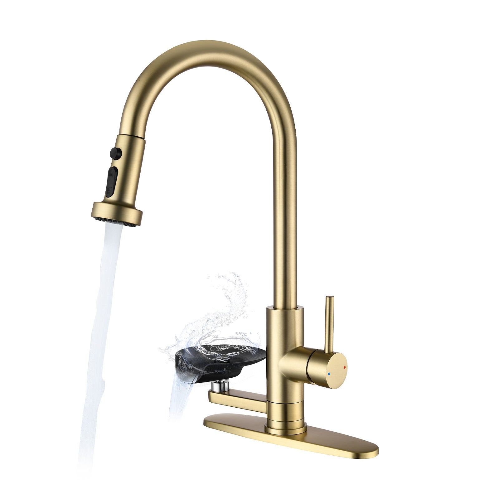 3-in-1 Kitchen Faucet with Press-Type Glass Rinser – Brushed Gold, High-Arc Pull-Down Sprayer
