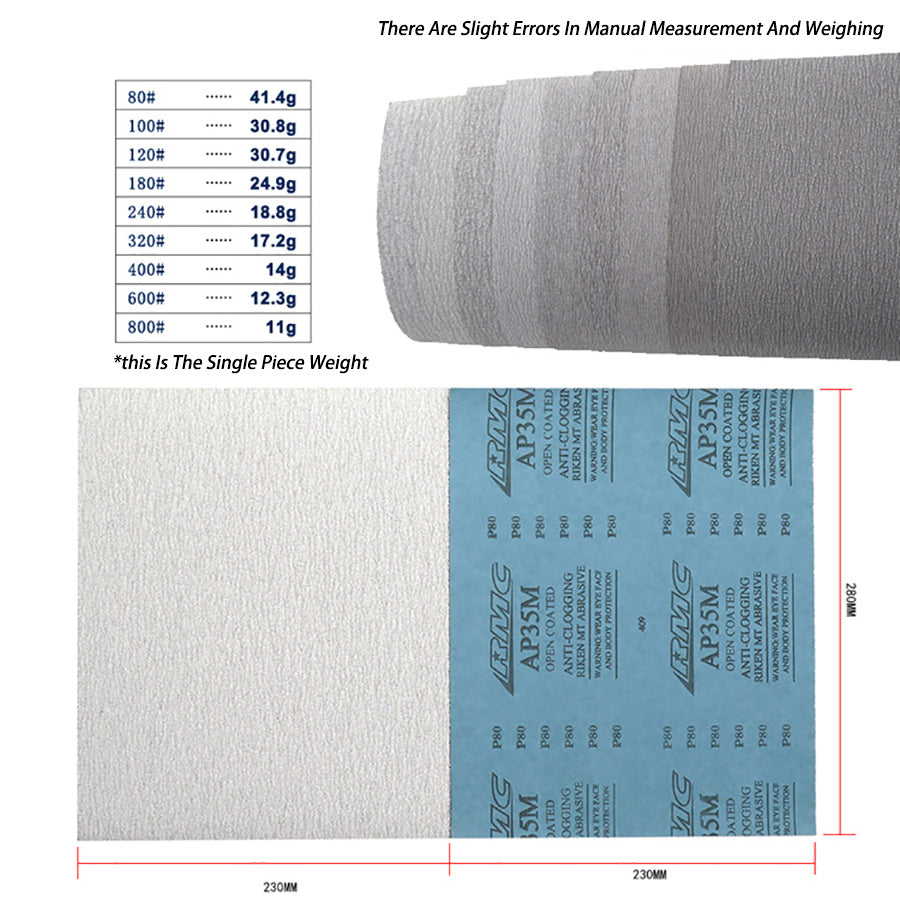 230x280mm RMC AP35M Dry Use Abrasive Sandpaper Grit 80# - 800# Sand Paper Sheets