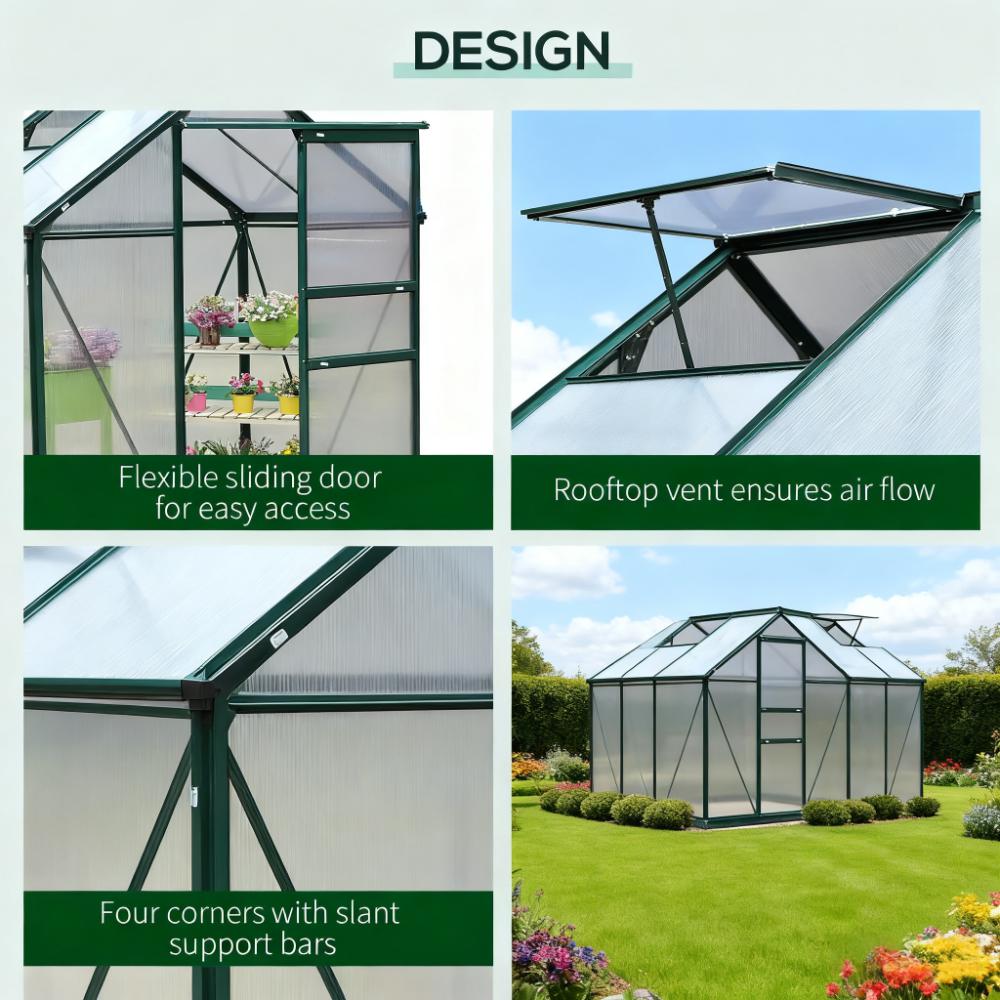 6ft x 4ft Polycarbonate Walk‑In Greenhouse — Aluminum Frame Rain Gutter & Adjustable Roof Vent Multi