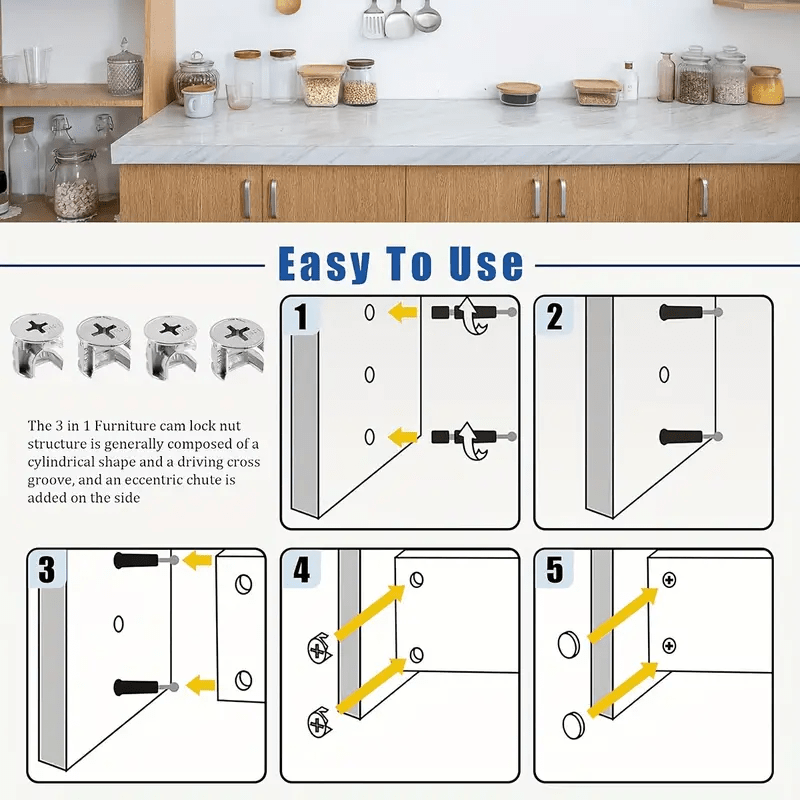 220 - Pack 3 - in - 1 Cam Fittings Furniture Assembly Kit with Dowel, Pre - Inserted Nut, 40mm Rod, Blue, and Multi - Size Repair Spare Parts Nut & Bolt Assortment Sets for Easy Install of Cabinets, Wardrobes Panels & More - HomeDIYer