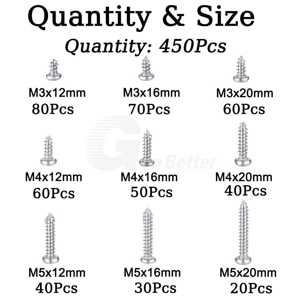 450x M3 - M5 Pan Head Self Tapping Phillips Screws Silvery A2 Stainless Steel Set - HomeDIYer