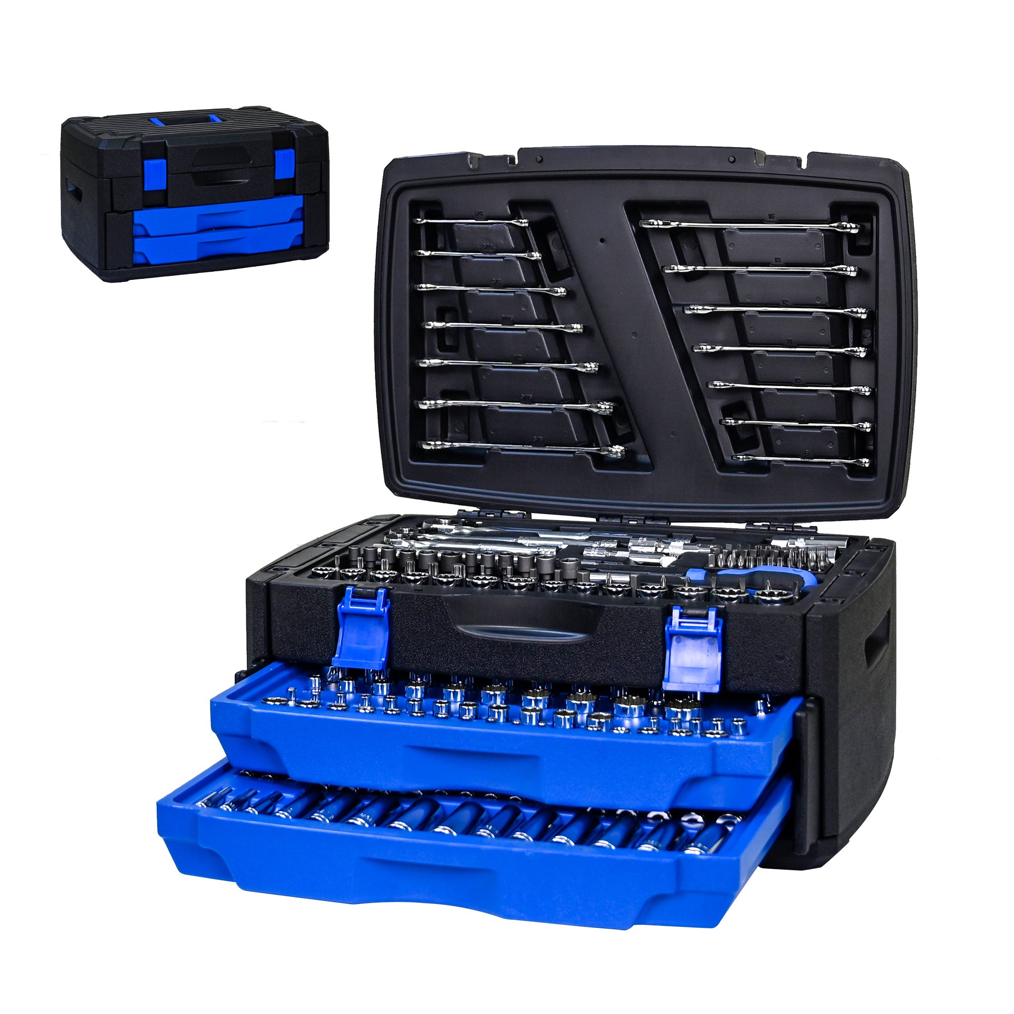 266‑Piece Black Tool Set with Lockable Case — Carbon Steel Home & Auto Repair Kit, Blue Accents