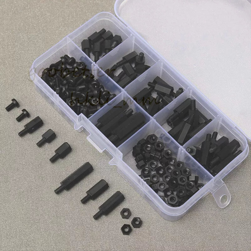 180PCS M3 Black Nylon Hex Spacers Screw Nut Stand - off Kit With Plastic Box Set - HomeDIYer