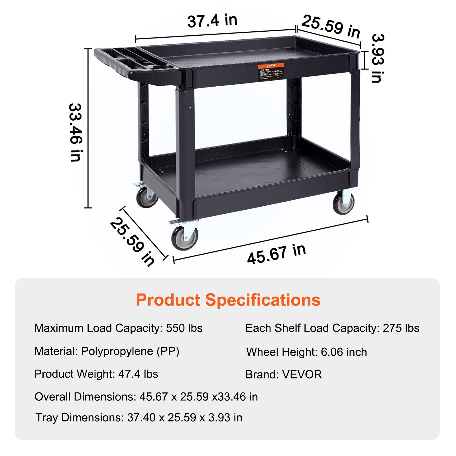 Utility Service Cart, 2 Shelf 550LBS Heavy Duty Plastic Rolling Utility Cart with 360° Swivel Wheels (2 with Brakes), Large Lipped Shelf, Ergonomic Storage Handle for Warehouse/Garage/Cleaning
