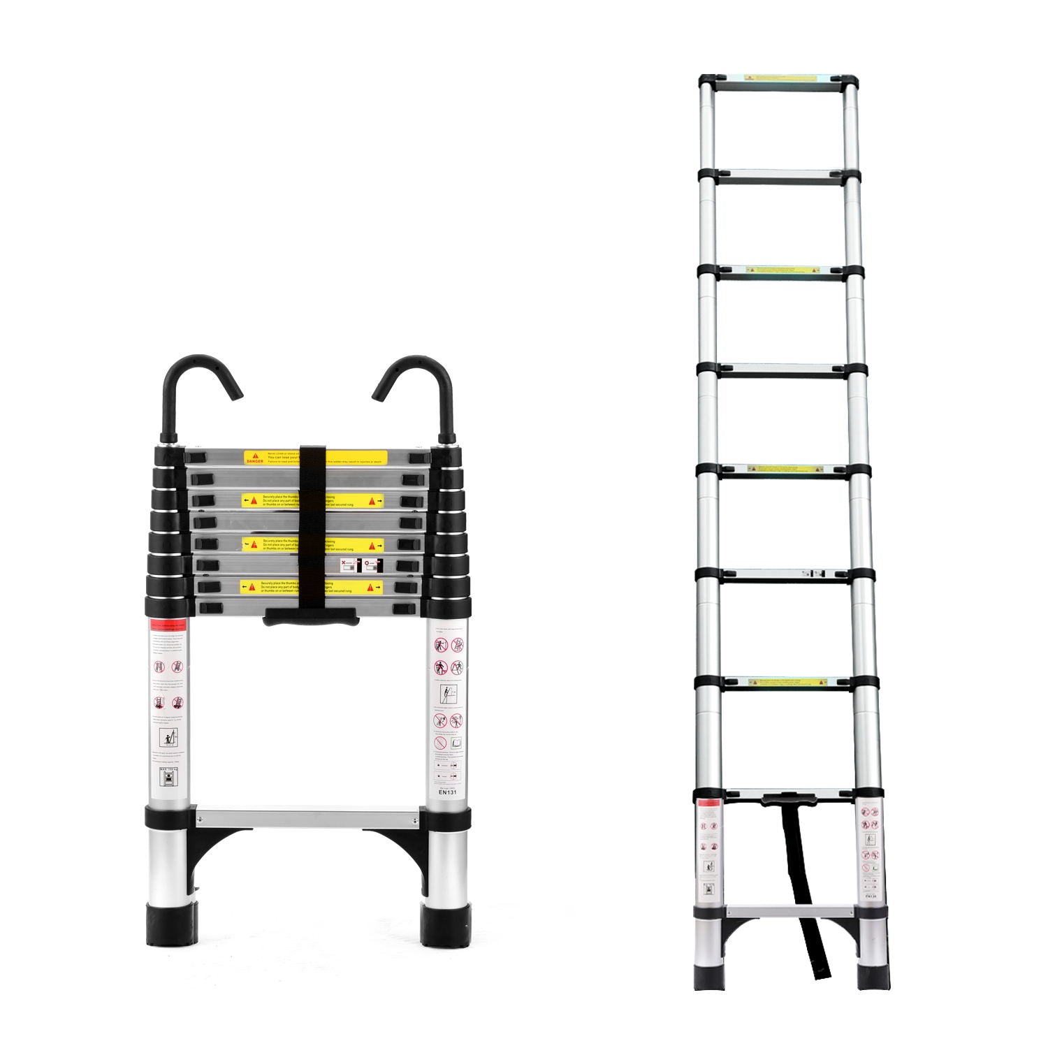 8.5FT Telescopic Aluminum Ladder with Hooks & Stabilizer — Antique Silver, Multi‑Purpose Folding for Home & RV