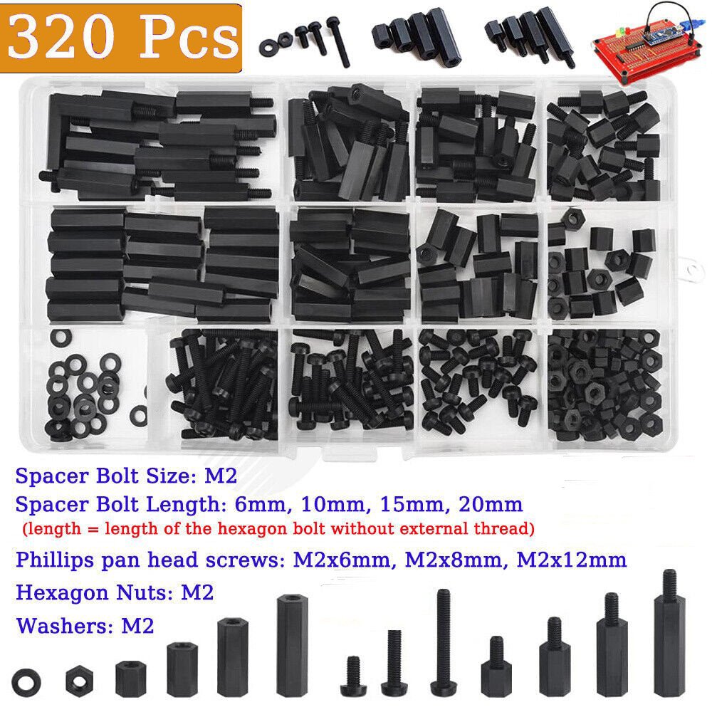 320Pcs M2 Nylon Male Female Hex Column Standoff Spacer PCB Board Screw Nut Kit - HomeDIYer