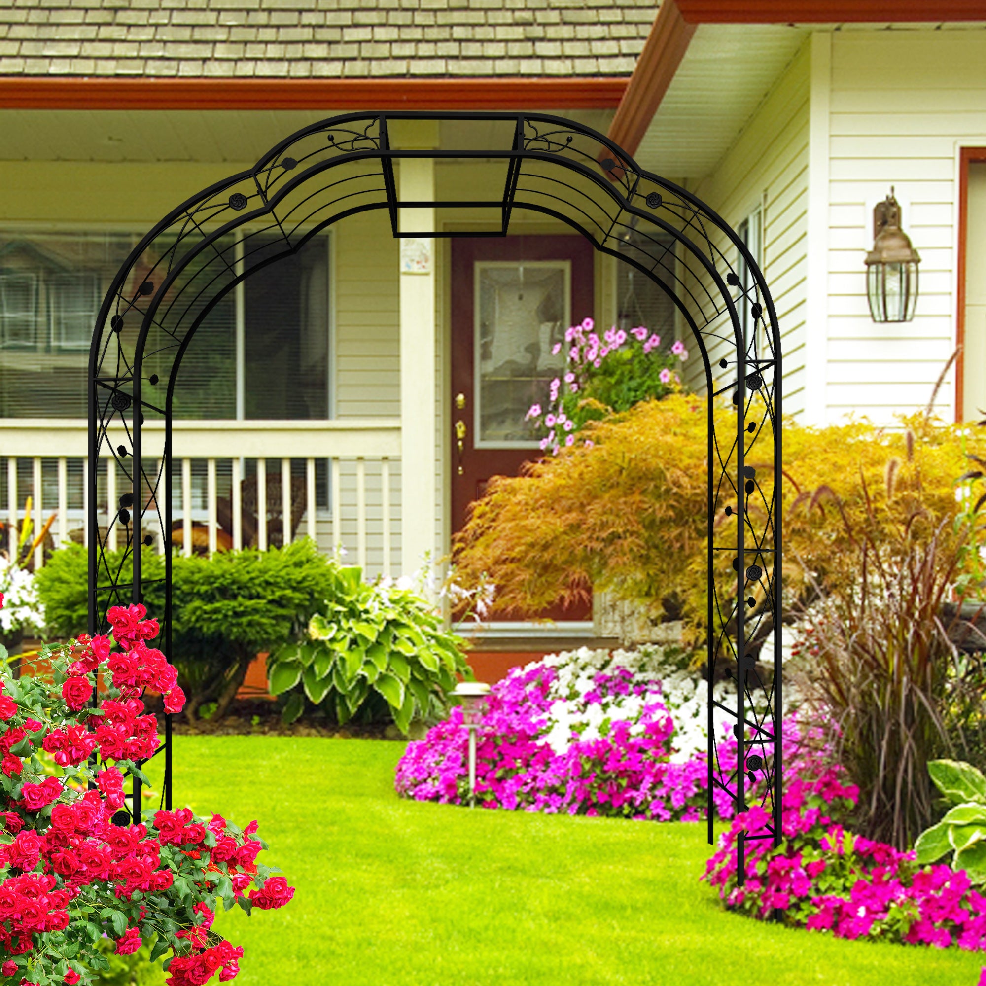 Metal Garden Arch W74.4'' x H98.4'' Garden Arbor Trellis Climbing Plants Support Rose Arch Outdoor Arch Black