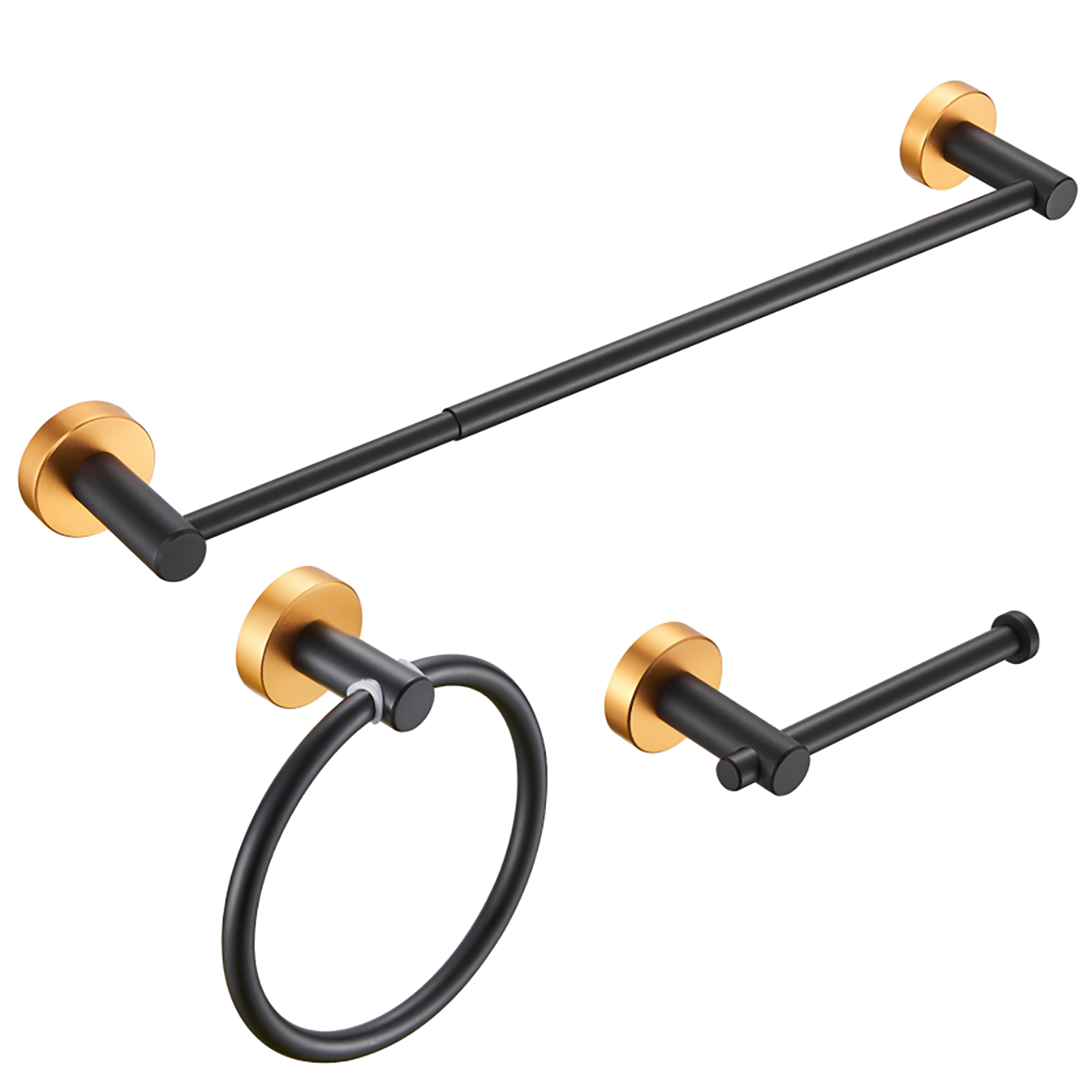 Adjustable 3-Piece Bathroom Hardware Set – Black Gold Towel Bar 16-27”, Towel Ring & TP Holder