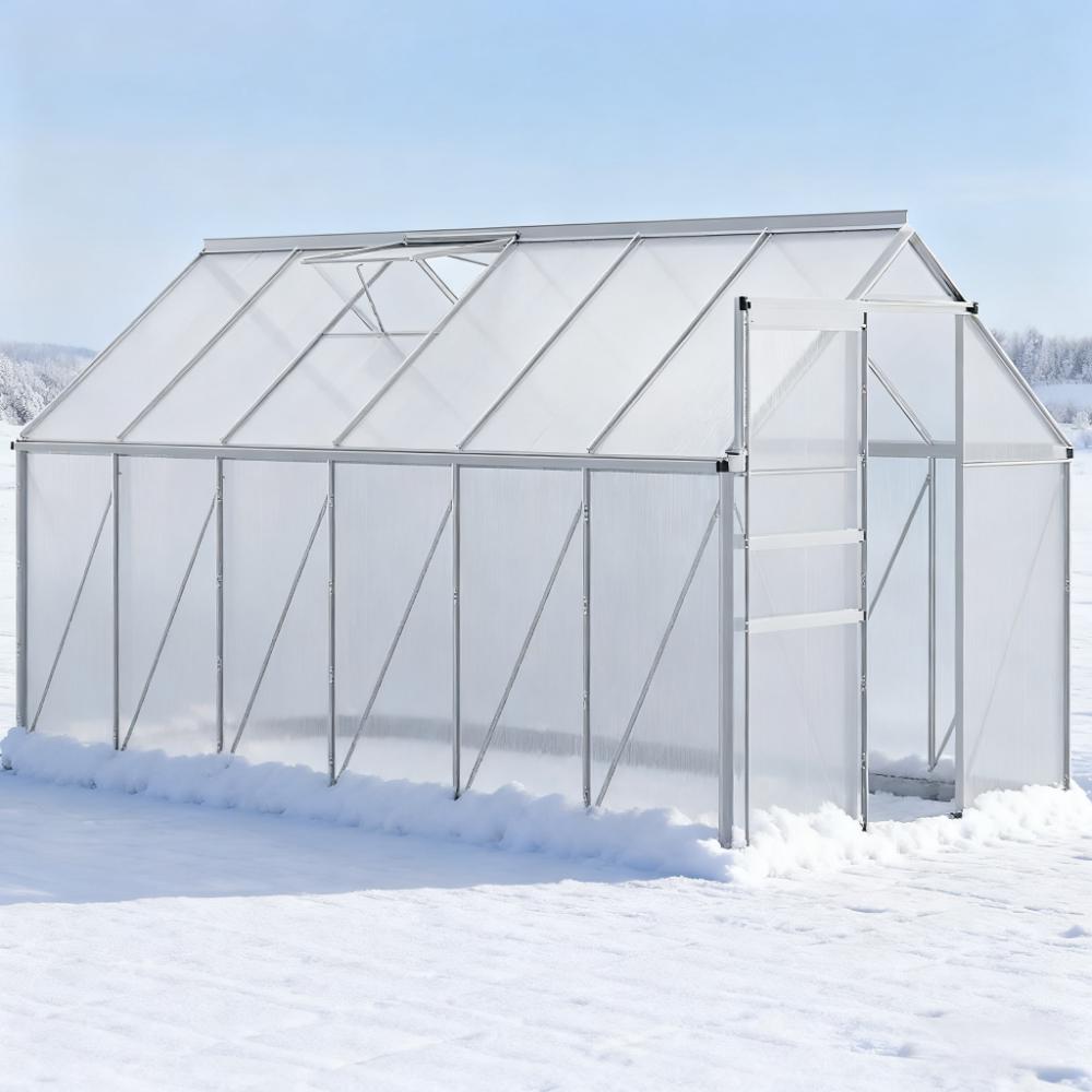 12.3ft x 6.2ft x 6.5ft Heavy‑Duty Aluminum Walk‑In Greenhouse — Polycarbonate Panels Sliding Door & Rooftop Vent Silver