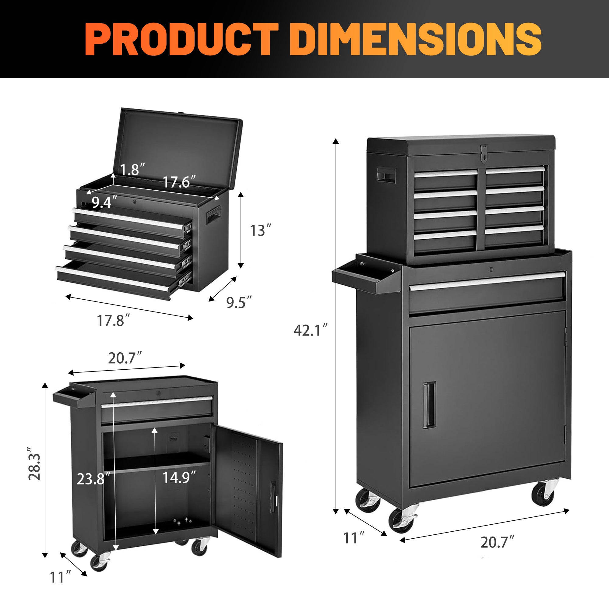 5-Drawer Rolling Tool Chest – Detachable Black Tool Cabinet with Lock & Adjustable Shelf