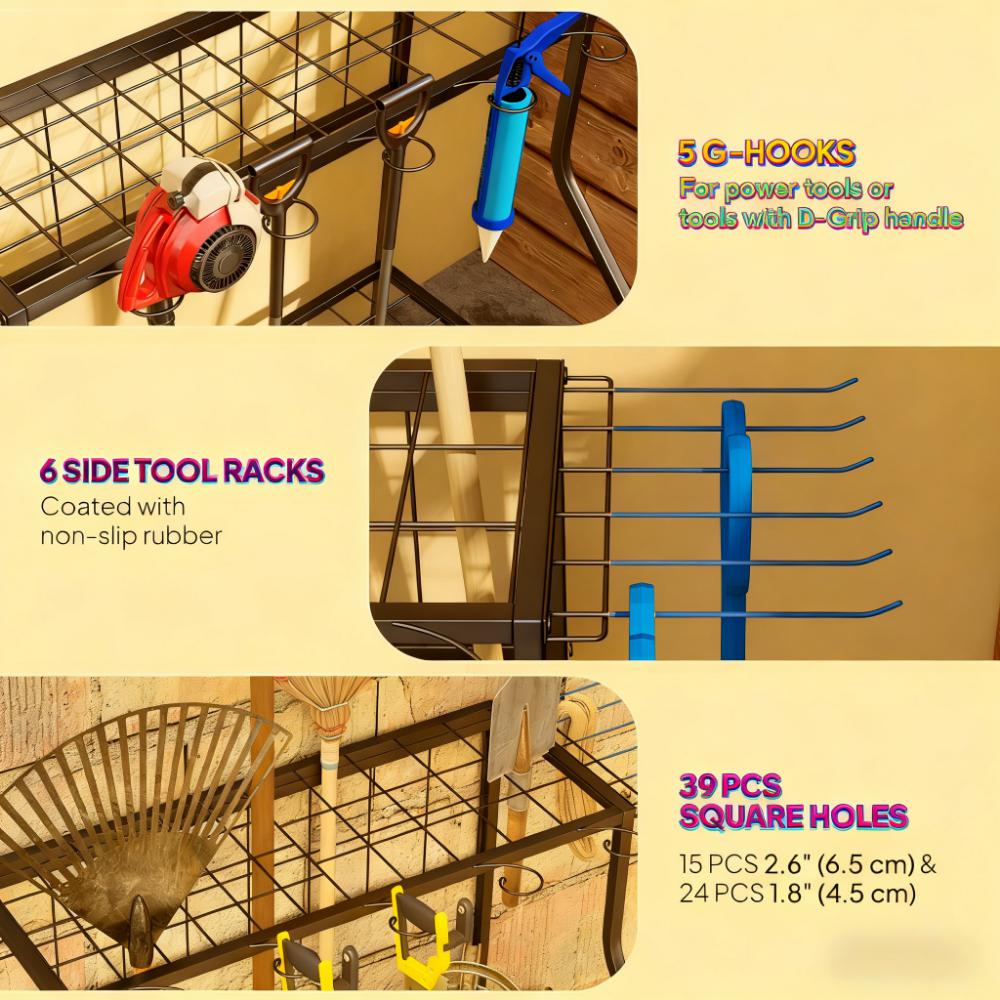 Garden Tool Organizer,3-Tier Yard Tool Storage Rack,with Hooks for Long-Handled,Broom,Shovel