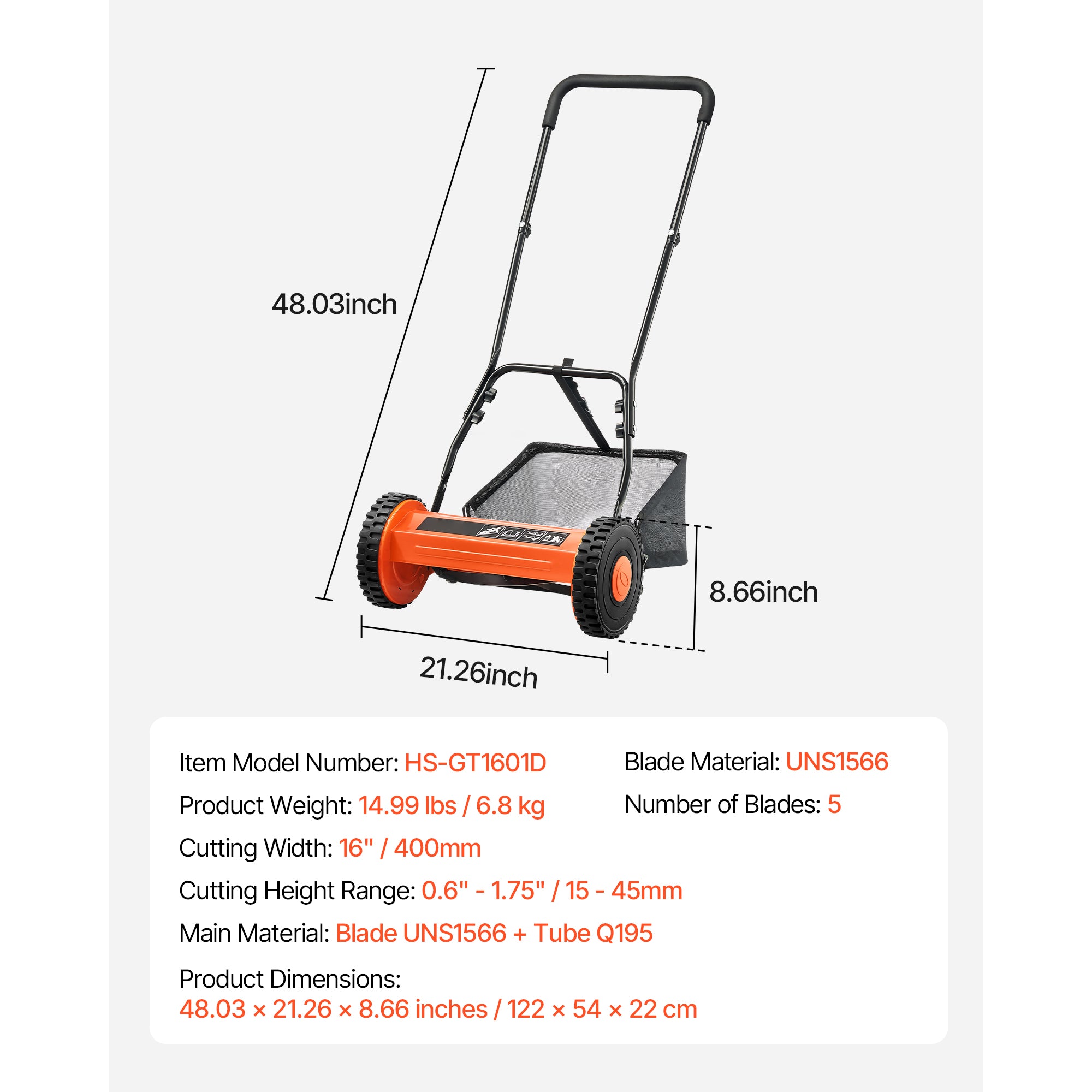 16" Manual Push Reel Lawn Mower 5-Blade Adjustable Height Grass Catcher 2 Wheels