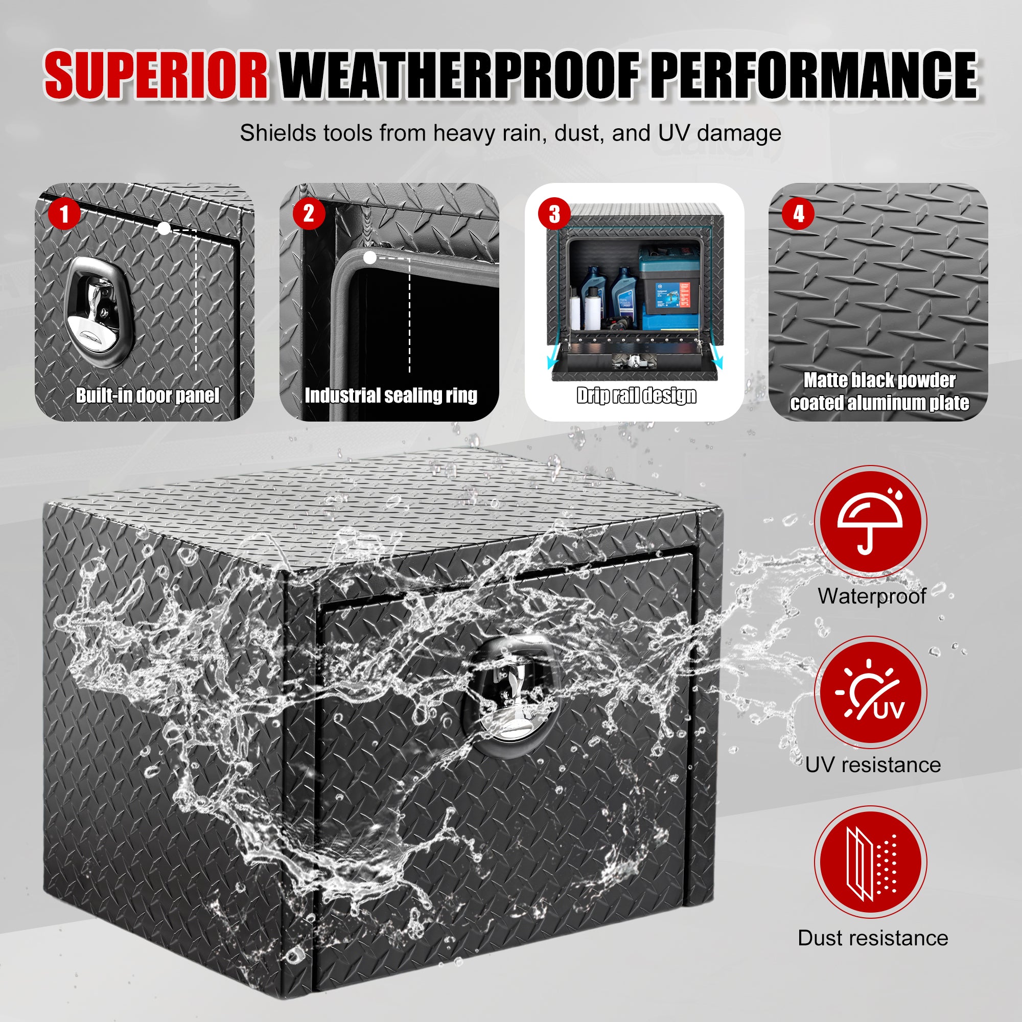 24" Aluminum Underbody Truck Tool Box — Matte Black Diamond Plate, Waterproof & Lockable, Ideal for Pickup, ATV, RV