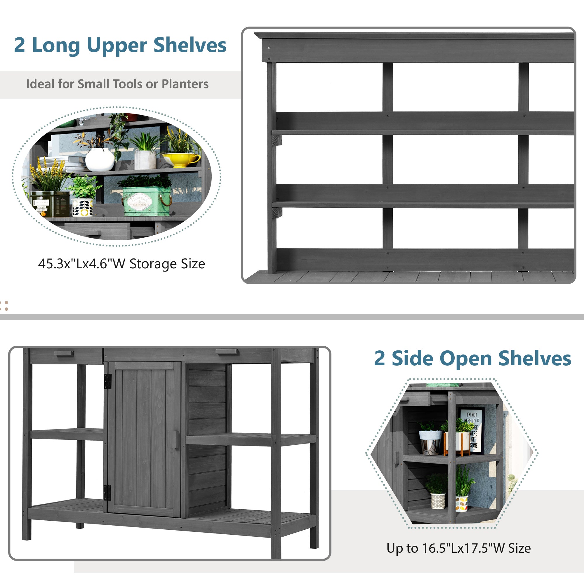TOPMAX 66'' Large Outdoor Farmhouse Wooden Potting Bench Table, Garden Workstation with 2 Drawers,Cabinet and Open Shelves for Backyard, Mudroom, Gray