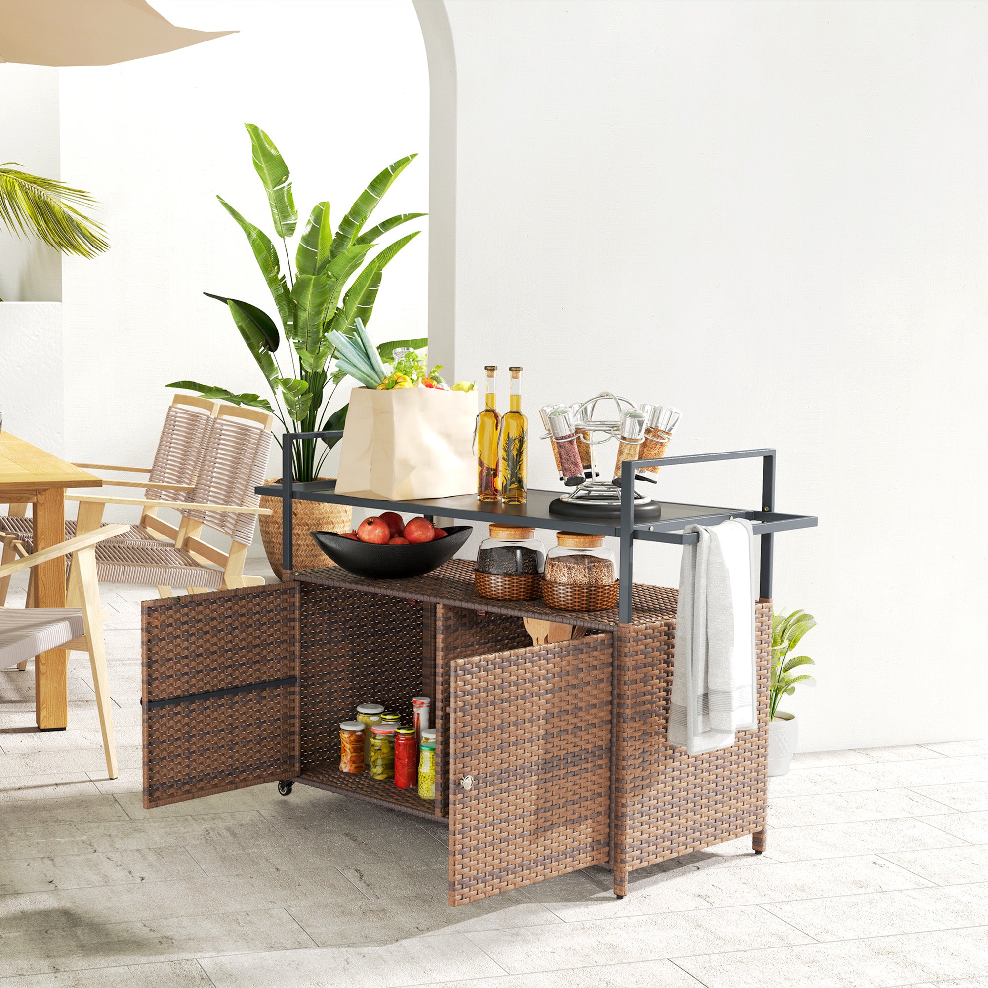 Outsunny 2-Tier Shelf PE Rattan Outdoor Bar Table, Glass Top Outdoor Serving Cart with Cabinet, Mixed Brown