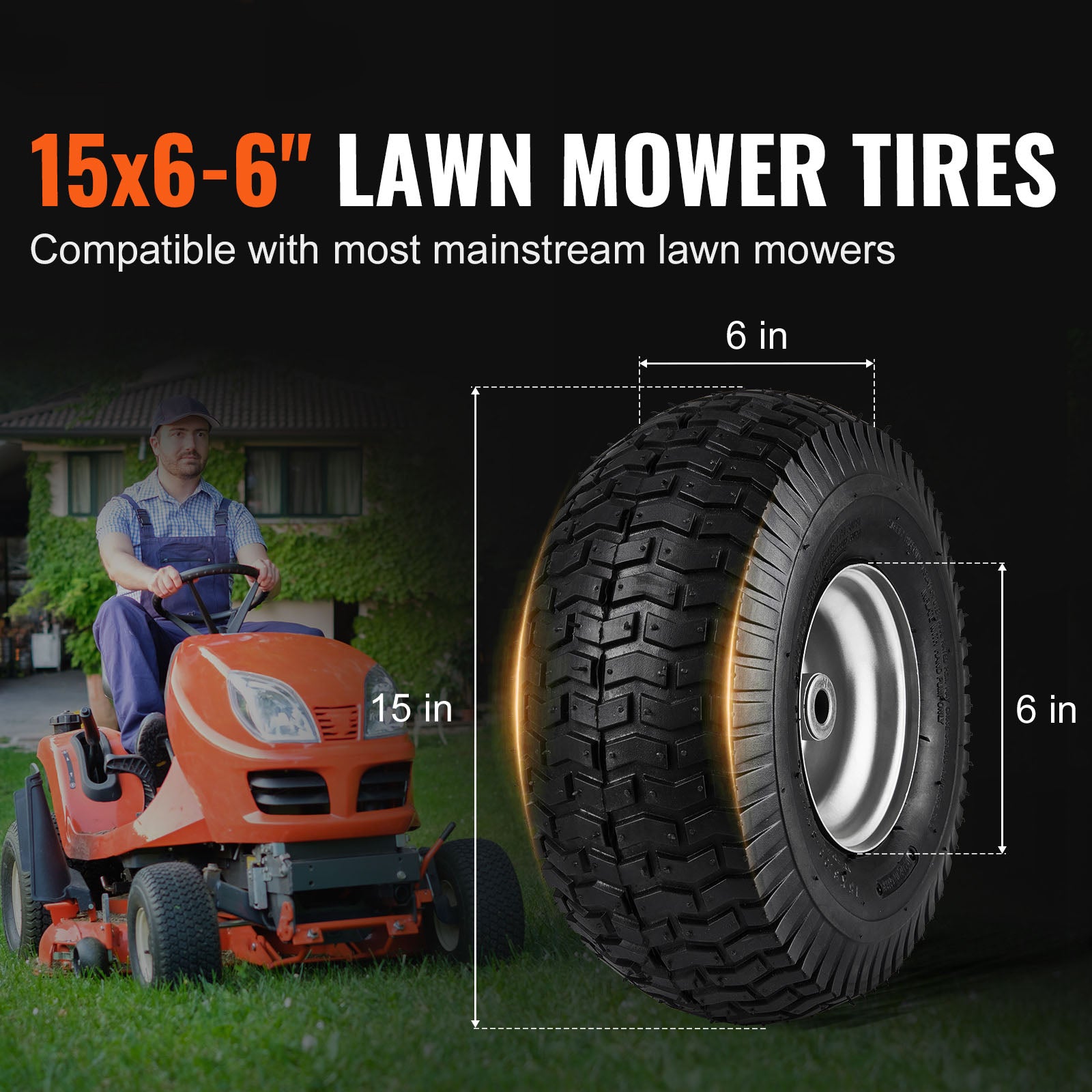 2-Pack 15x6-6" Lawn Tractor Tires โ Turf Pneumatic with Rims, 3" Centered Hub, 16 Adapters