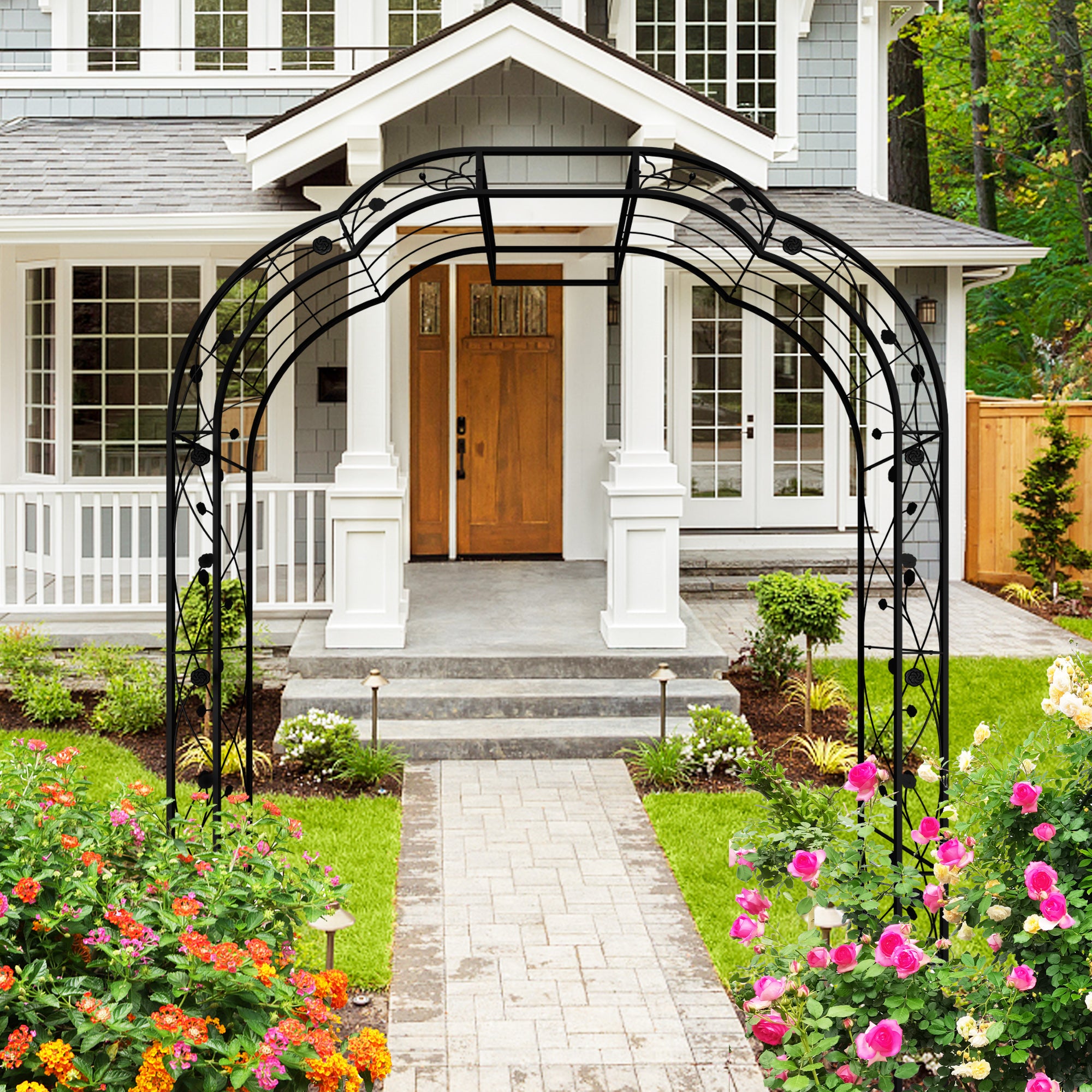 Metal Garden Arch W74.4'' x H98.4'' Garden Arbor Trellis Climbing Plants Support Rose Arch Outdoor Arch Black