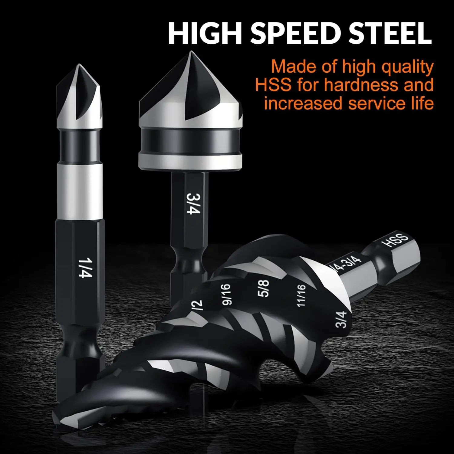 10‑Piece HSS Imperial Step Drill Bits · 4‑Flute Hex Shank