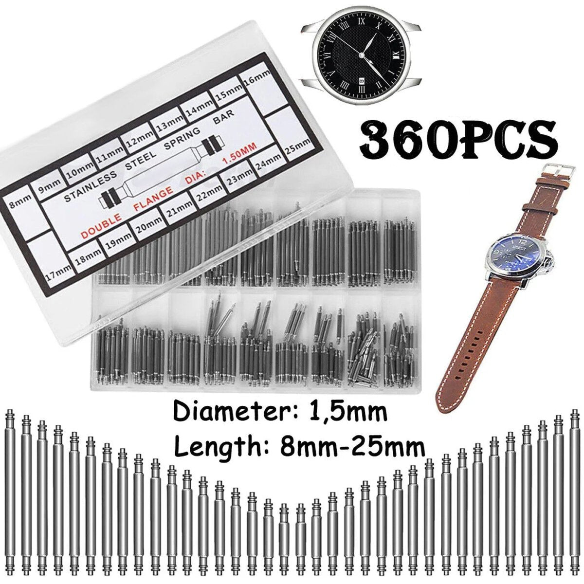 360Pcs Watch Band Strap Spring Bars 8 - 25mm Stainless Steel Link Pins Repair Tool - HomeDIYer