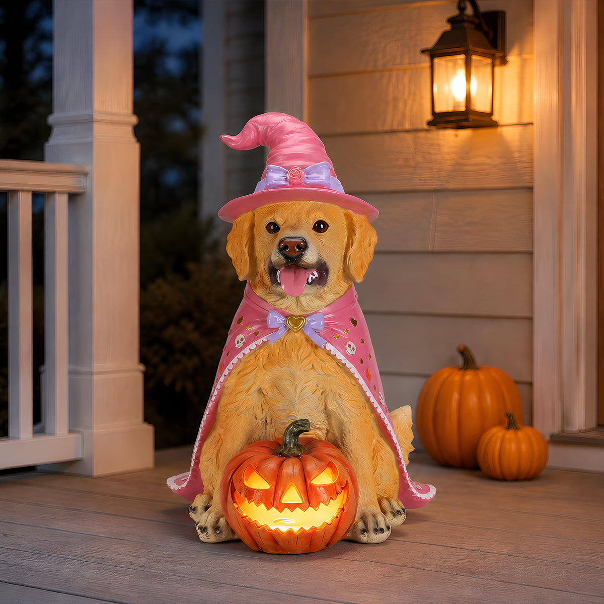 Halloween Golden Retriever Statue with LED Pumpkin, 19.69-Inch Resin