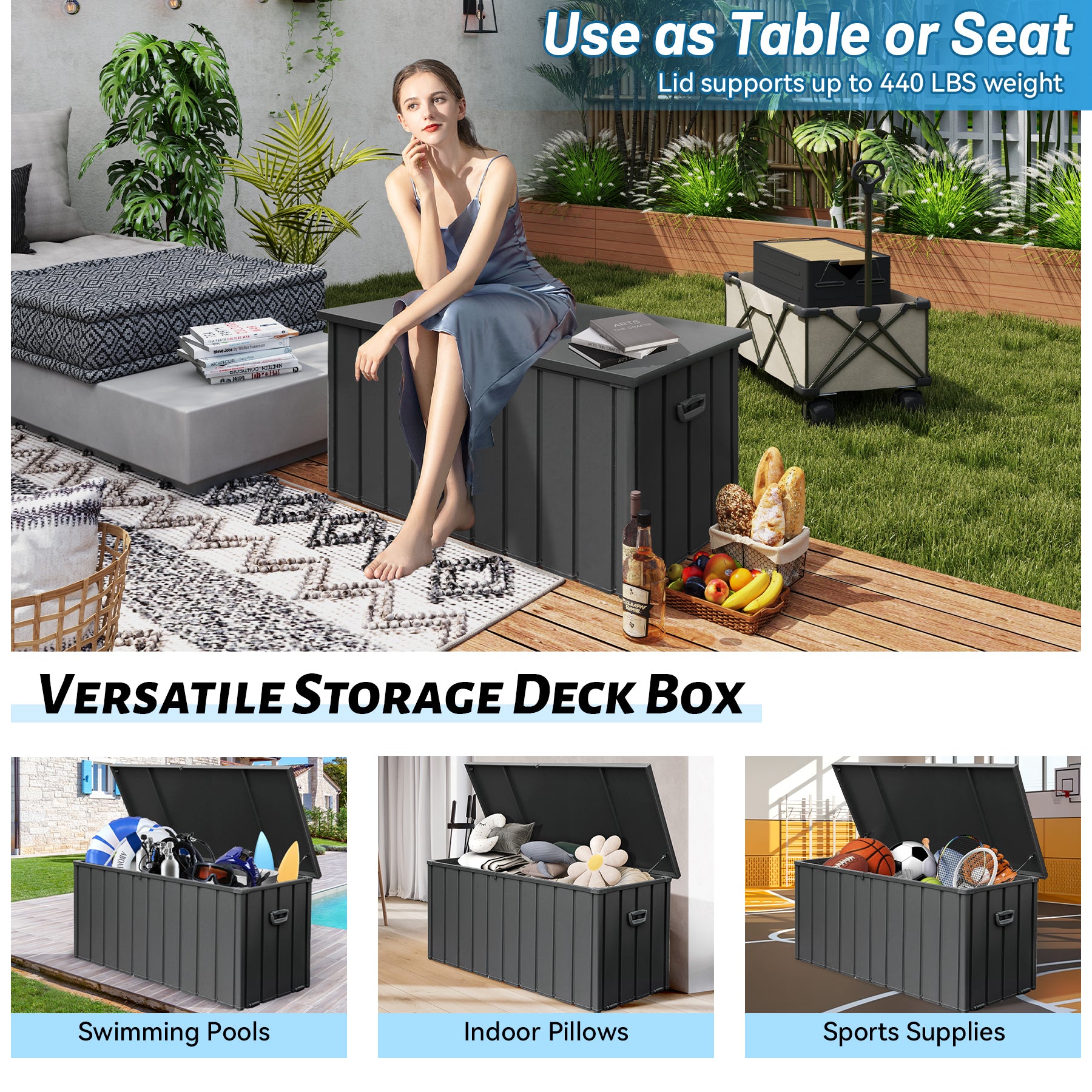 100 Gallon Metal Outdoor Deck Box with Built‑in Oxford Fabric Storage Bag – Waterproof Patio Bench, Dark Gray