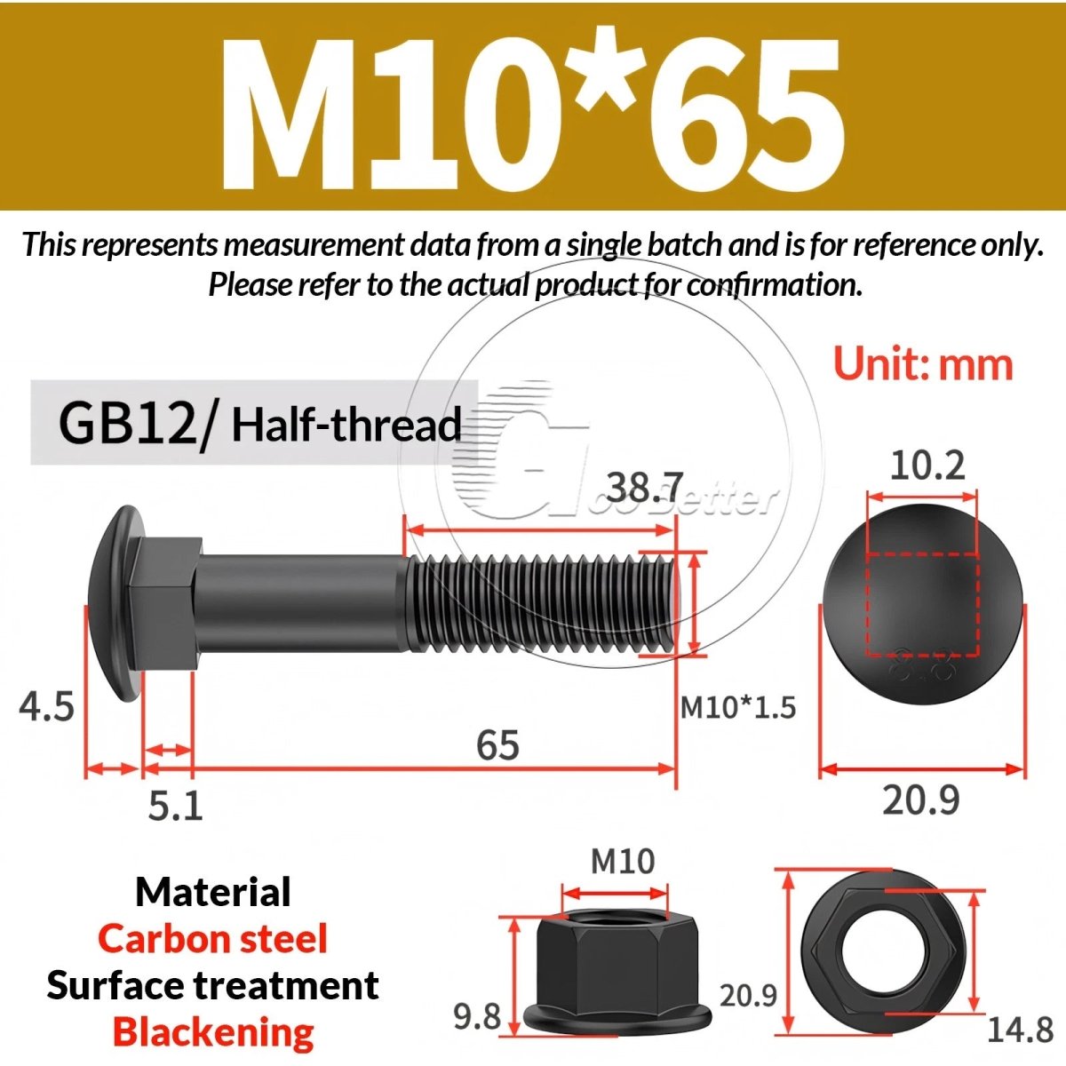 Black Carriage Bolts Grade 8.8 | M6–M24 Cup Square Domed Head Screws - HomeDIYer