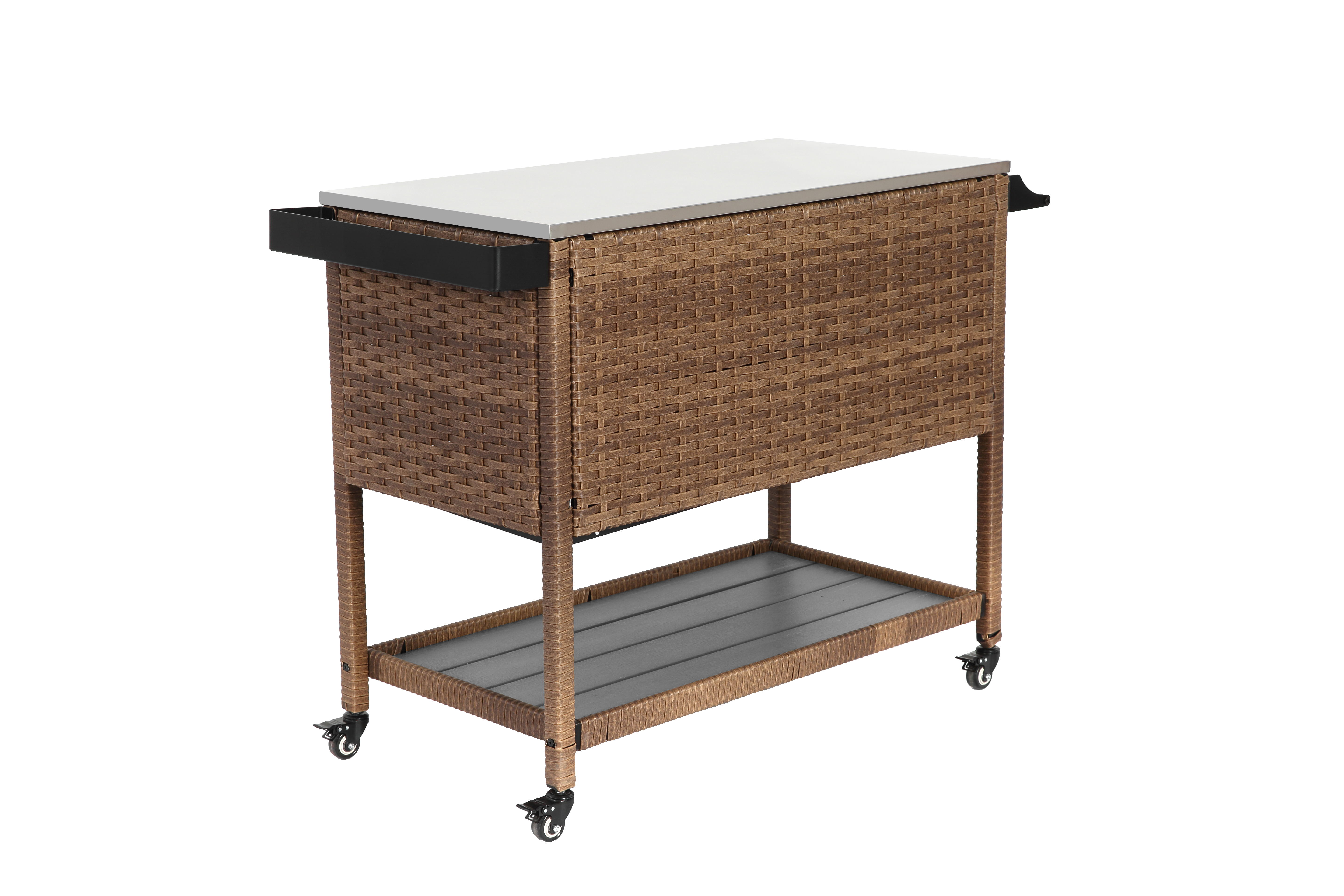 Outdoor Wicker Bar Cart, Patio Wine Serving Cart w/Wheels, Rolling Rattan Beverage Bar Counter Table with stainless steel Top for Porch Backyard Garden Poolside Party, Brown