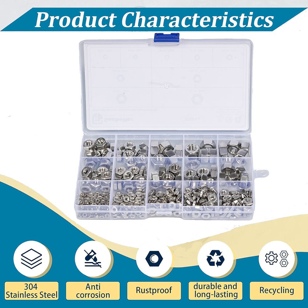 2 4 6 8 10 12 1/4 3/8 5/16 350Pcs 304 Stainless Steel Hex Nuts Assortment Set - HomeDIYer