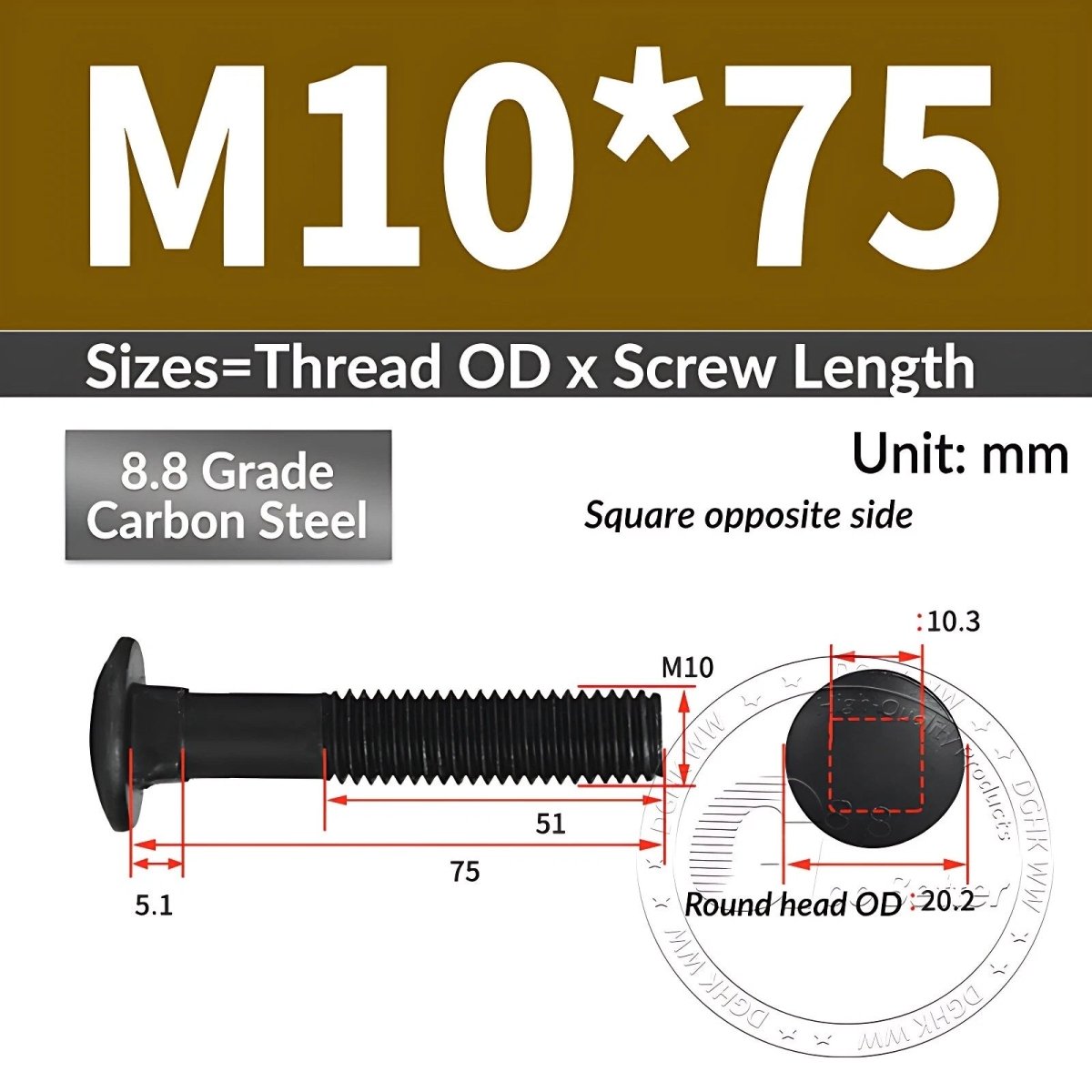 Black 8.8 Grade Steel Carriage Bolts | Cup Square Dome Head | M6–M24 - HomeDIYer