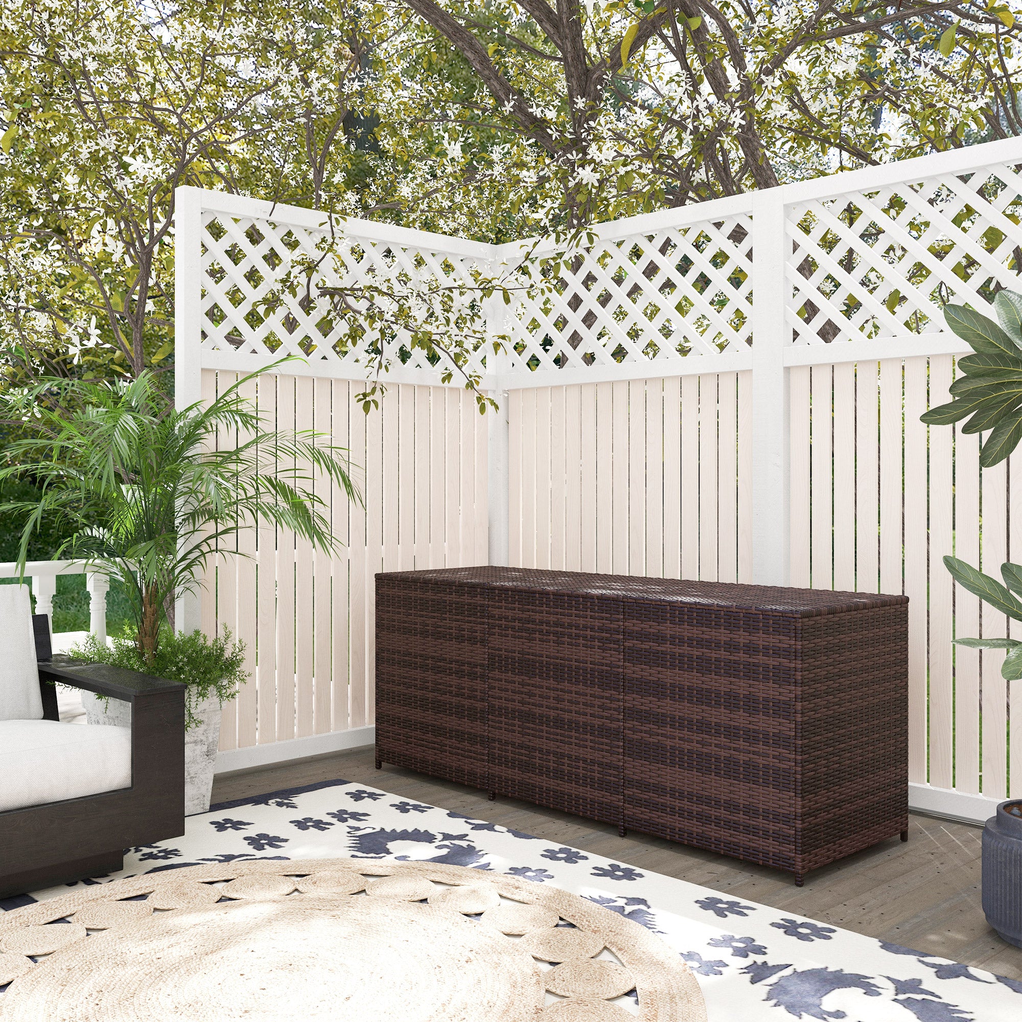 Outsunny 175 Gallon Outdoor Storage Box with Inner Liner, PE Rattan Wicker Deck Box with Pneumatic Bar Lift for Indoor & Outdoor, Patio Furniture Cushions, Pool Toys, Garden Tools, Mixed Brown