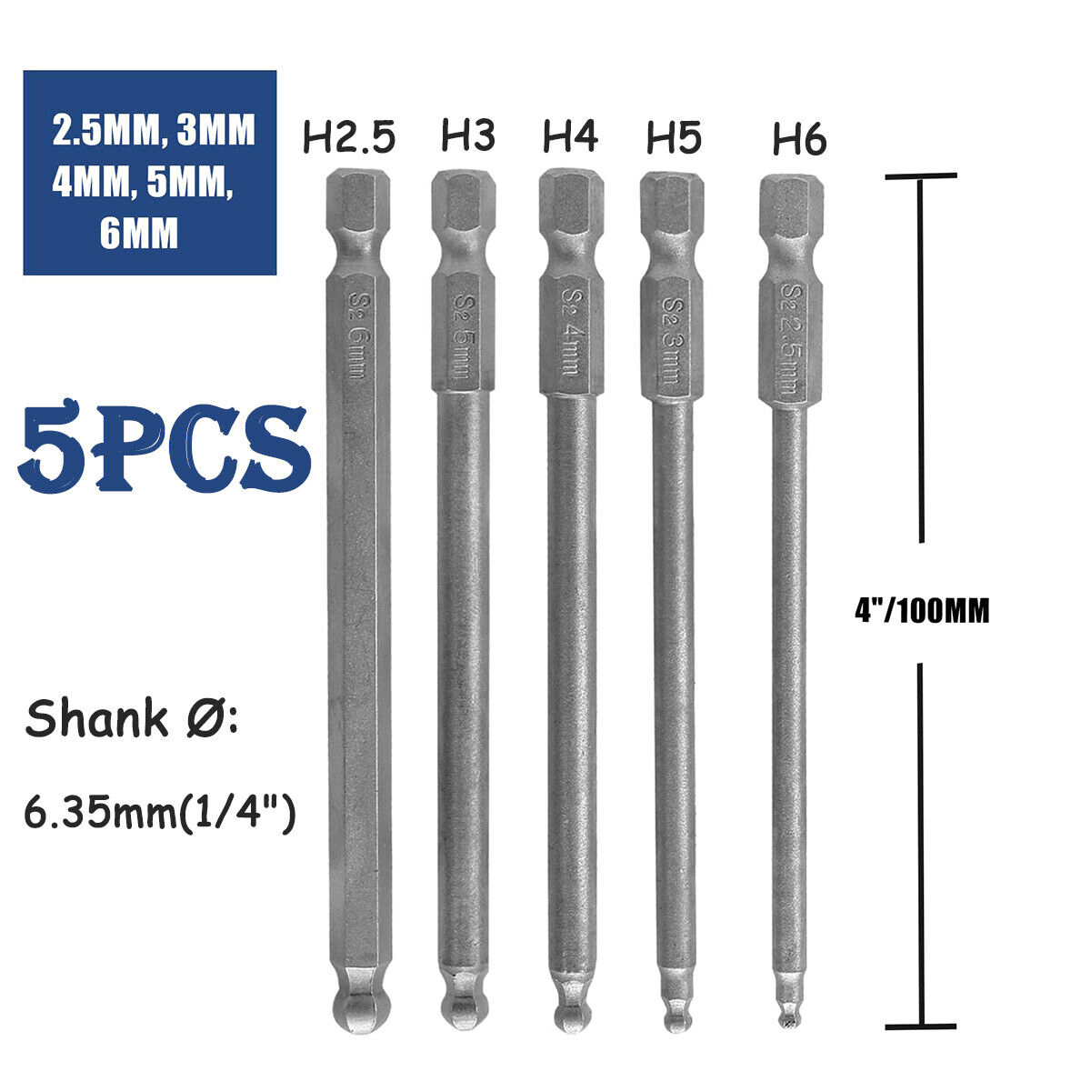 65mm/100mm Magnetic Ball End Hexagon Head 1/4" Screwdriver Bits Drill Set S2 Steel - HomeDIYer