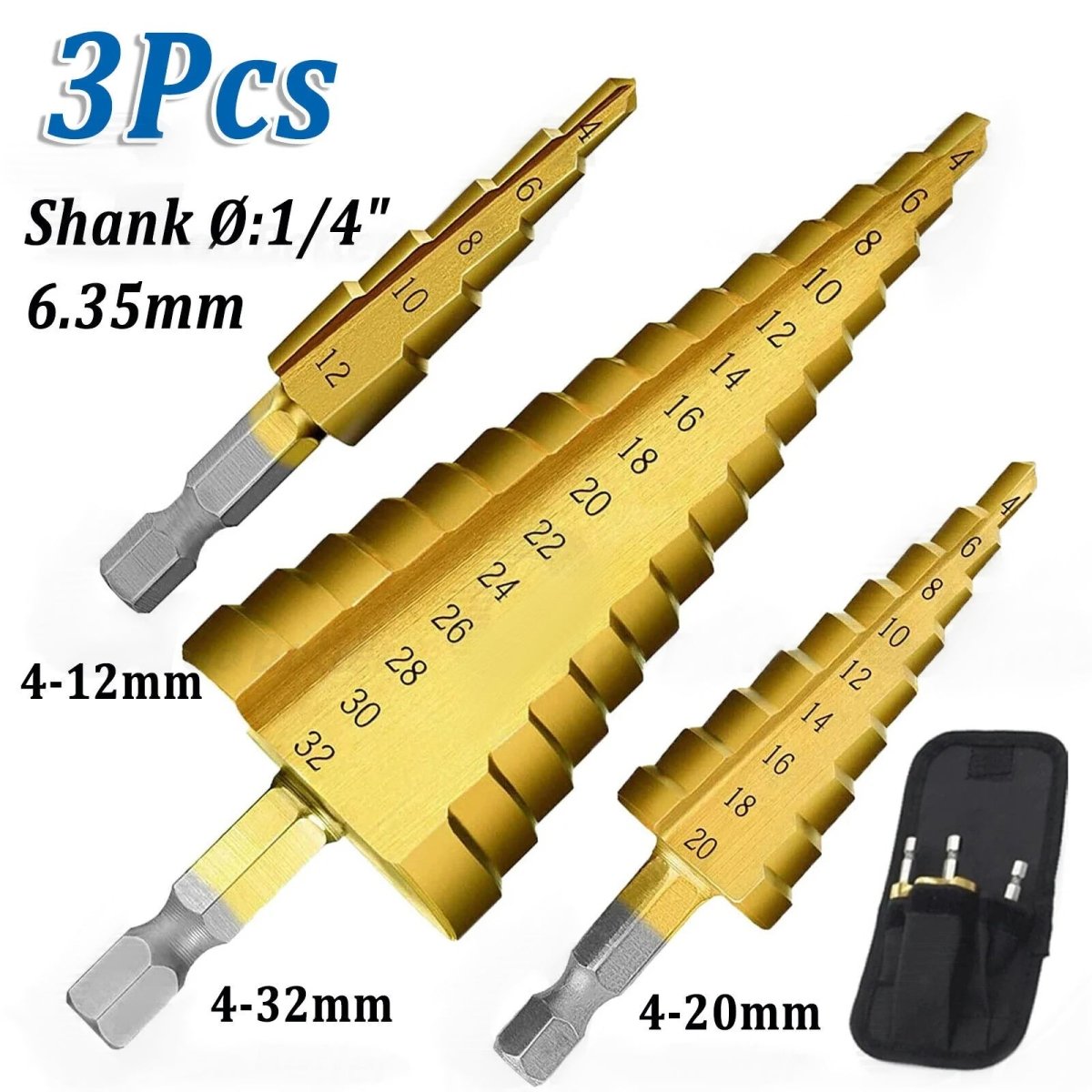 3Pcs Spiral Step Cone Drill Bit Set HSS 1/4" Hex Shank Hole Bits for Metal Wood - HomeDIYer
